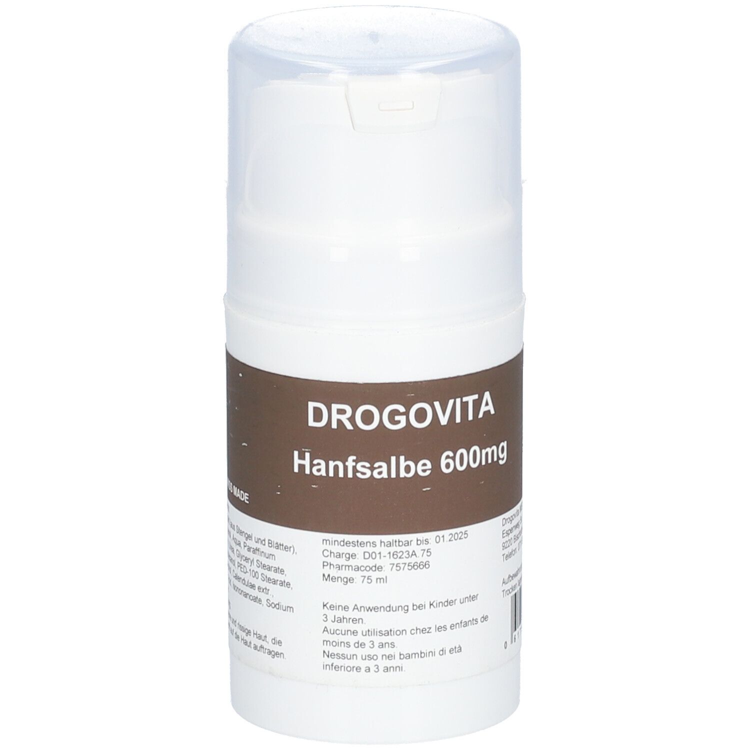 Flacon blanc à couvercle rabattable. Étiquette marron avec DROGOVITA Hanfsalbe 600mg. Texte et code-barres.