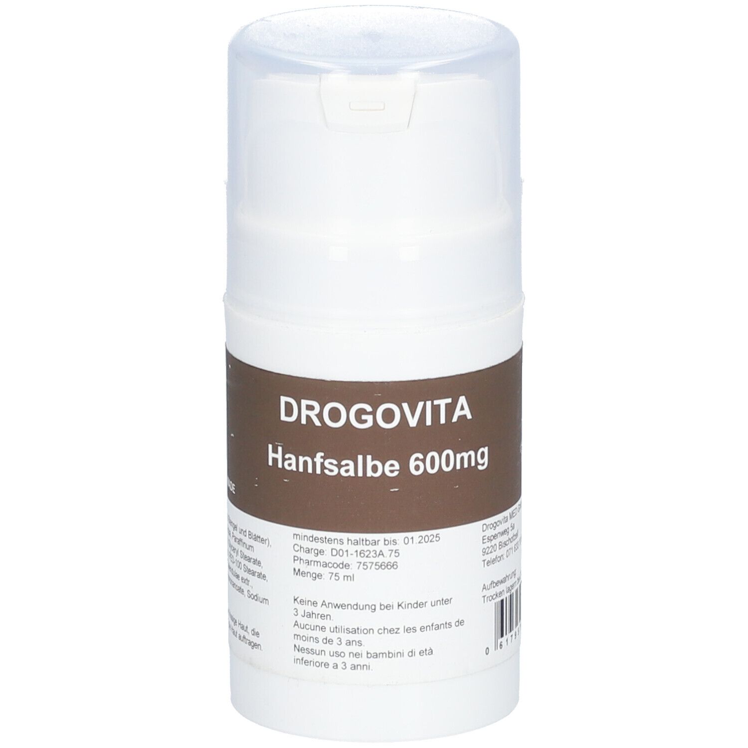 Flacon blanc à couvercle rabattable. Étiquette marron avec DROGOVITA Hanfsalbe 600mg. Texte et code-barres.