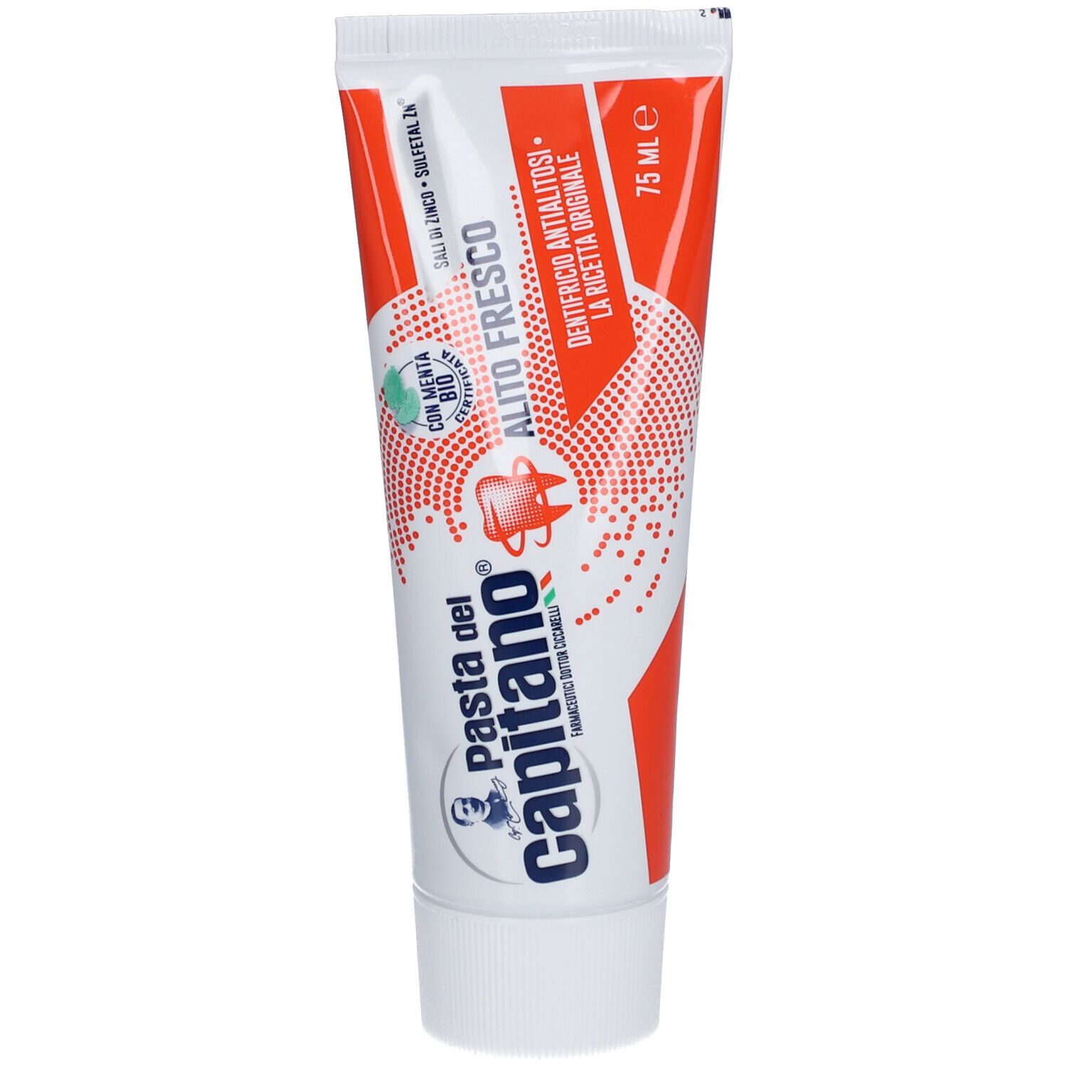 Rode en witte tandpastatube. Opschrift: Pasta del Capitano, Alito Fresco, met biologische munt. 75 ml.