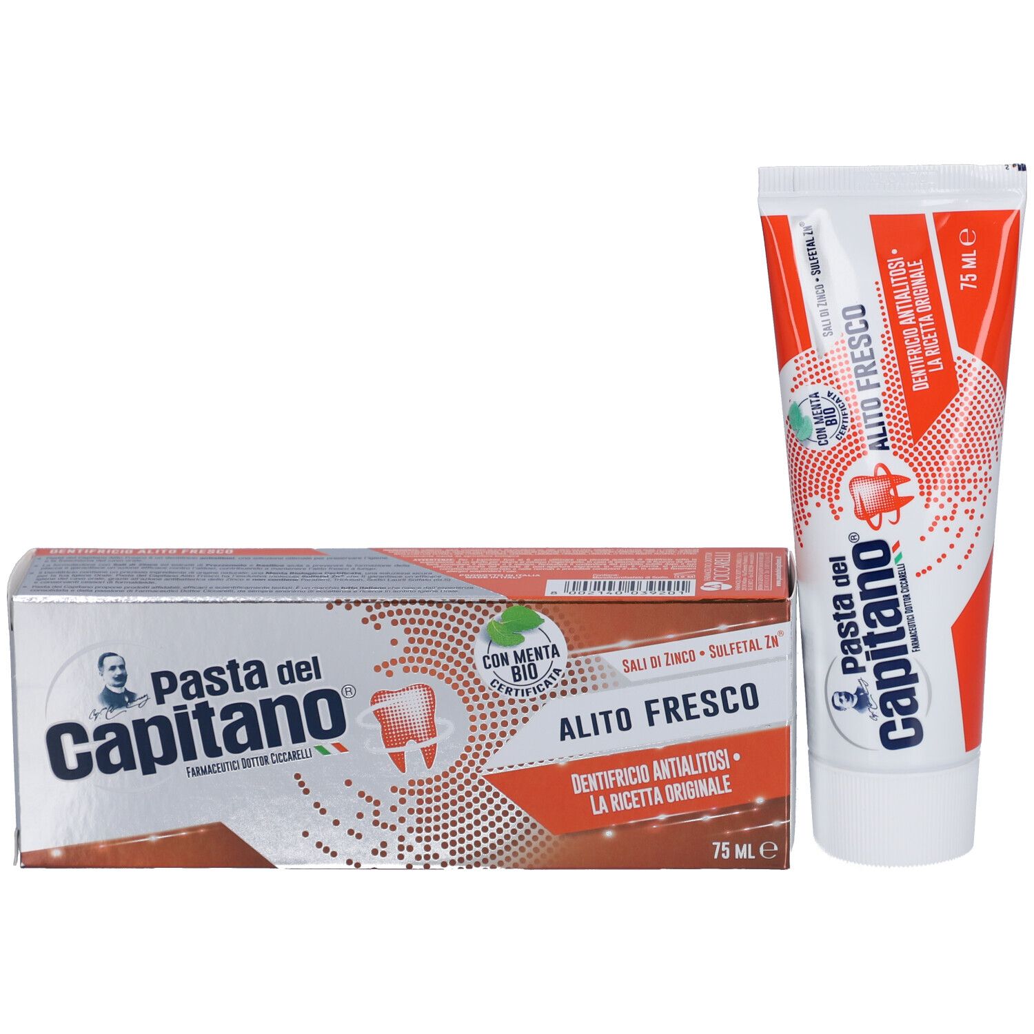 Tandpastatube en -doos. Opschrift: Pasta del Capitano, Alito Fresco, met biologische munt. Rood en wit design.