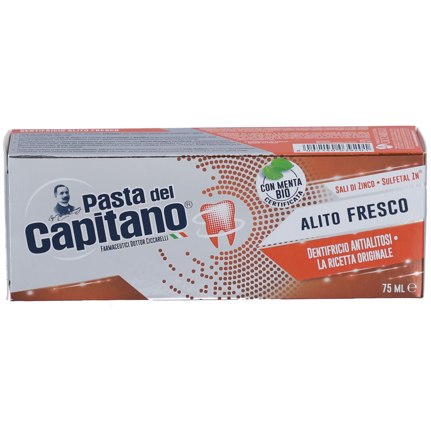 Tandpastadoos. Opschrift: Pasta del Capitano, Alito Fresco, met biologische munt. Rood en wit design. 75 ml.