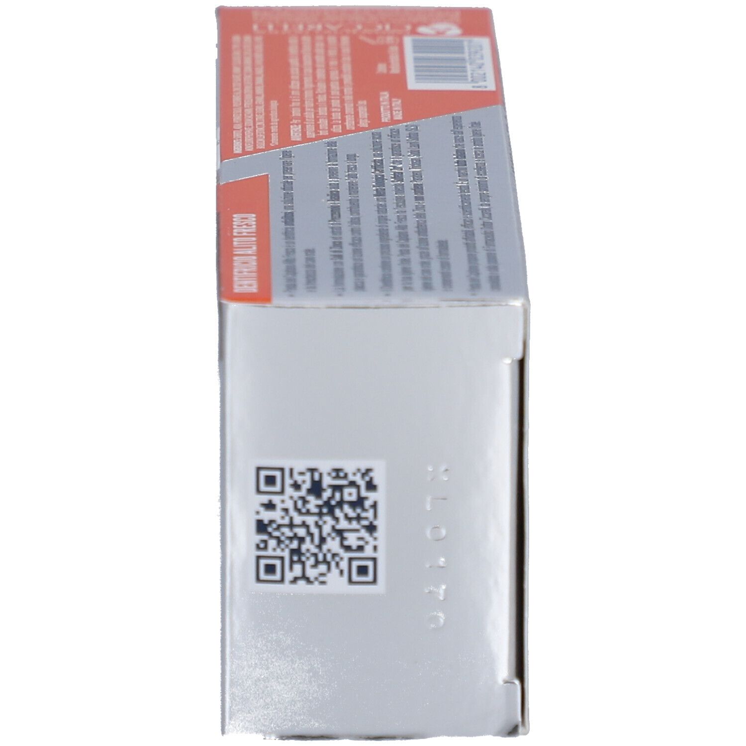 Zijkant van een tandpastadoos. QR-code en tekst. Wit met rood en bruin design.