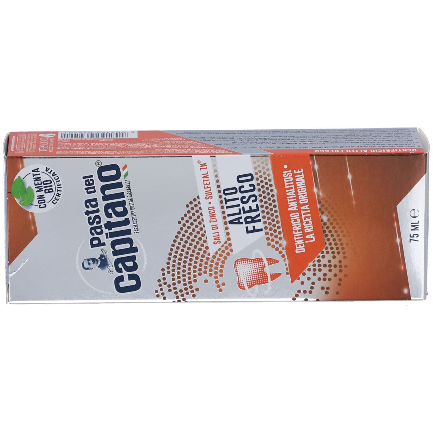 Tandpastadoos. Opschrift: Pasta del Capitano, Alito Fresco, met biologische munt. Rood en wit design. 75 ml.