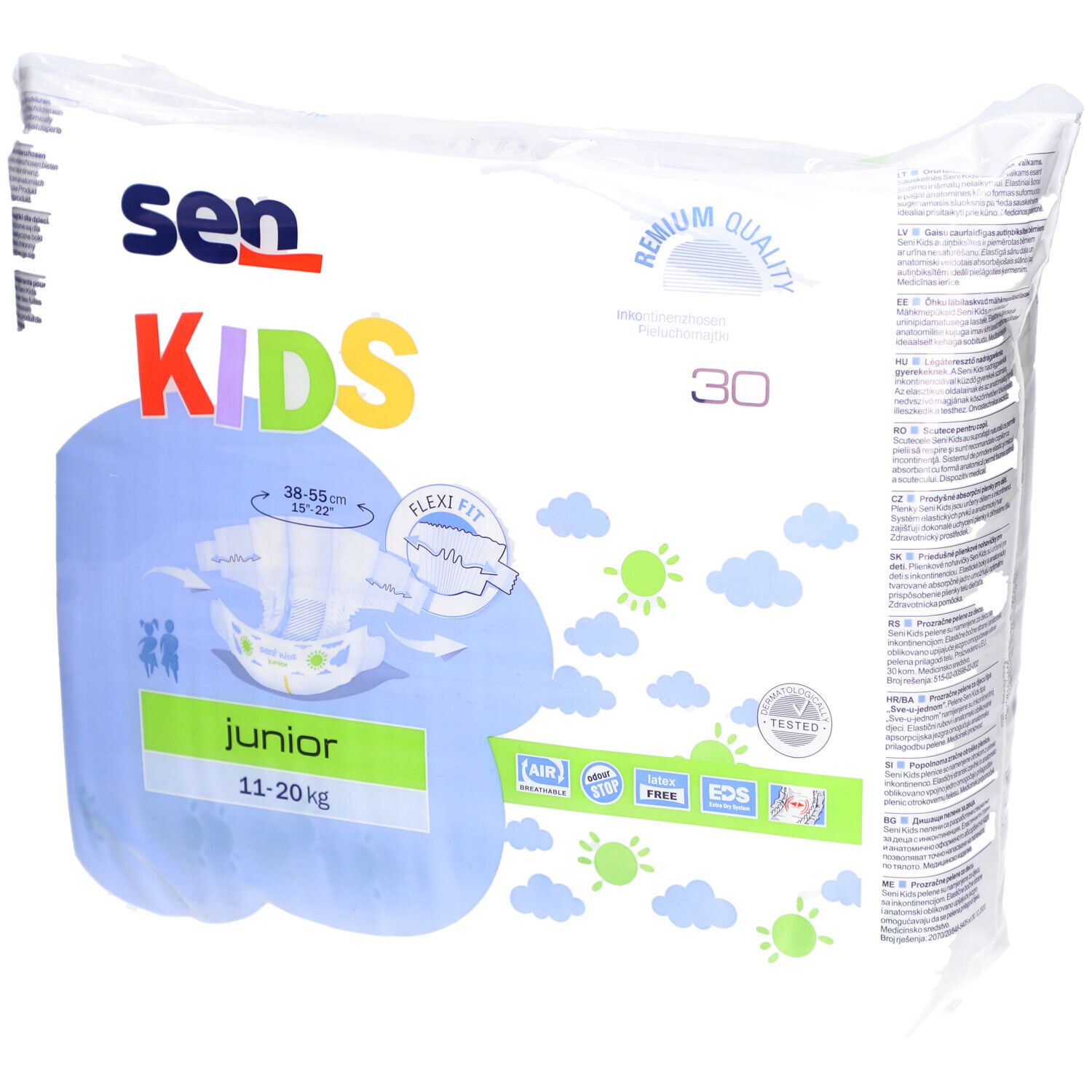 Verpakking SENI Kids Junior luiers, 11-20 kg. 30 stuks. Bedrukking met productafbeelding en maatindicaties.