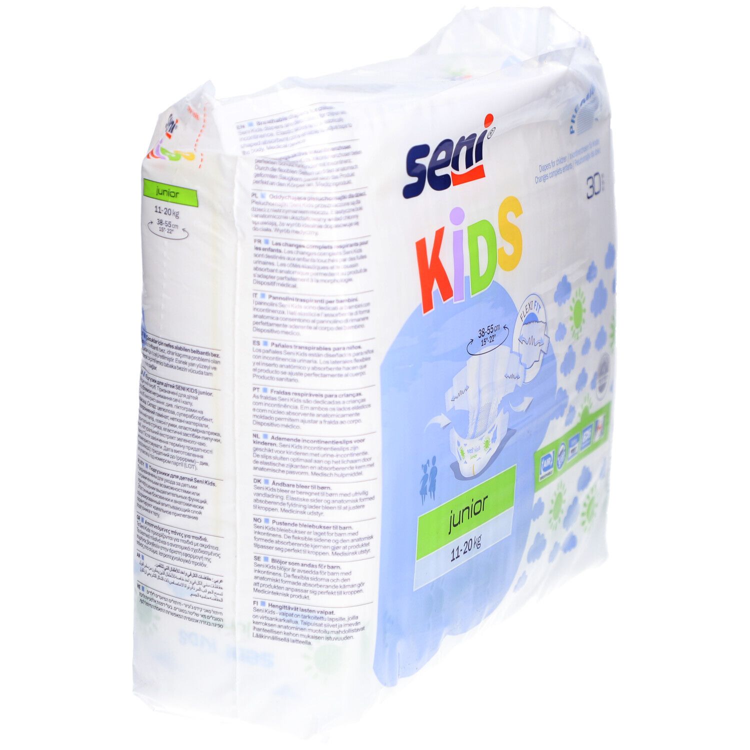 Verpakking SENI Kids Junior luiers, 11-20 kg. Zijaanzicht. Productafbeelding en maatindicaties op de verpakking.