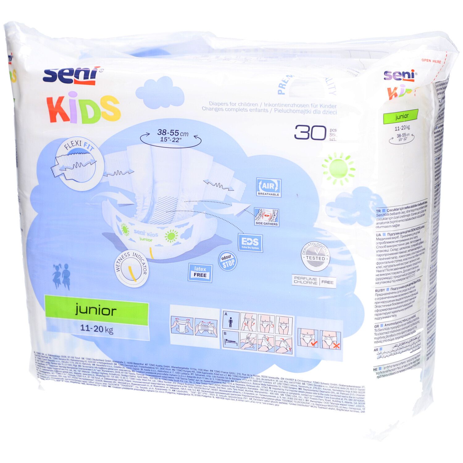 Verpakking SENI Kids Junior luiers, 11-20 kg. 30 stuks. Productafbeelding en maatindicaties op de verpakking.