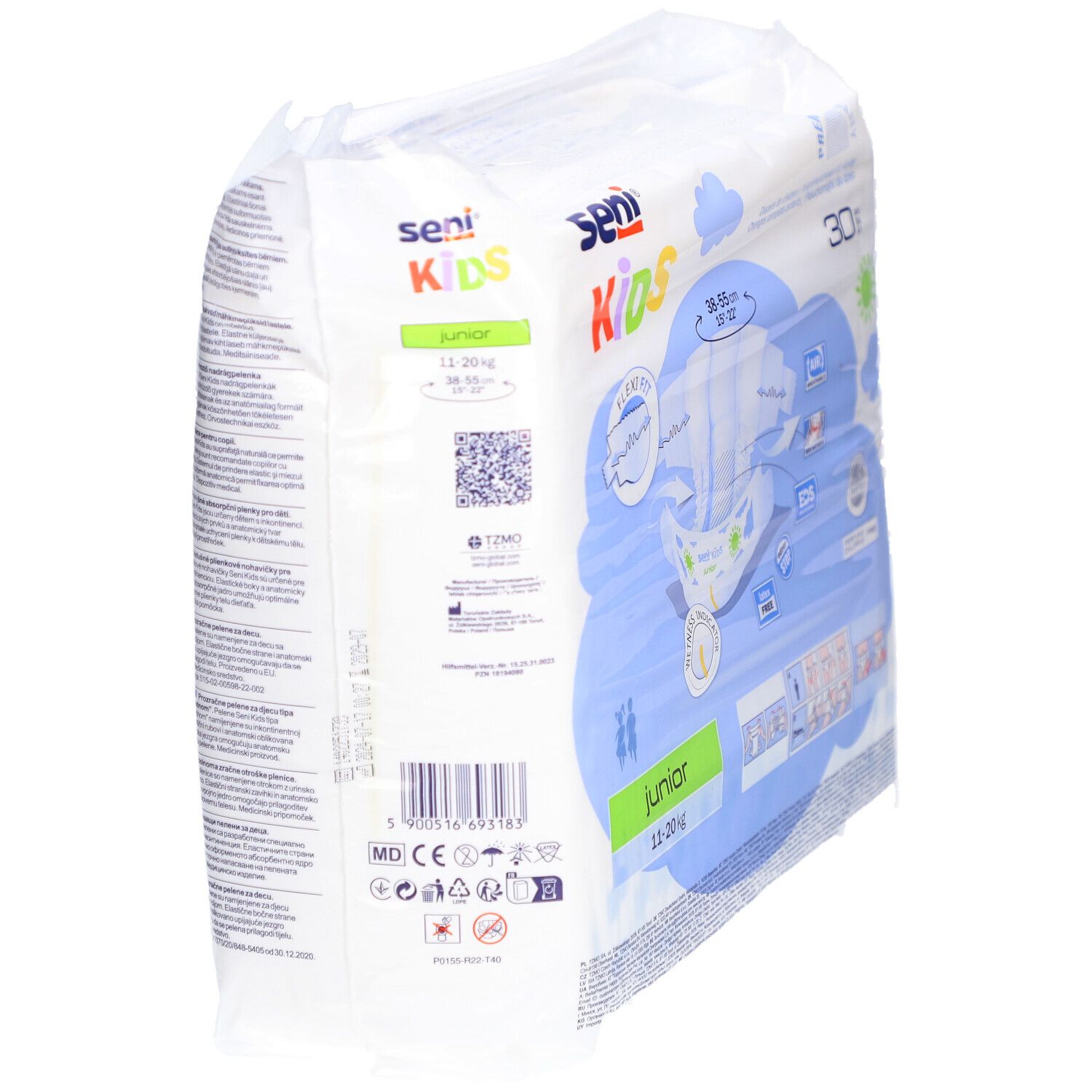 Verpakking SENI Kids Junior luiers, 11-20 kg. Zijaanzicht. Productafbeelding en maatindicaties op de verpakking.