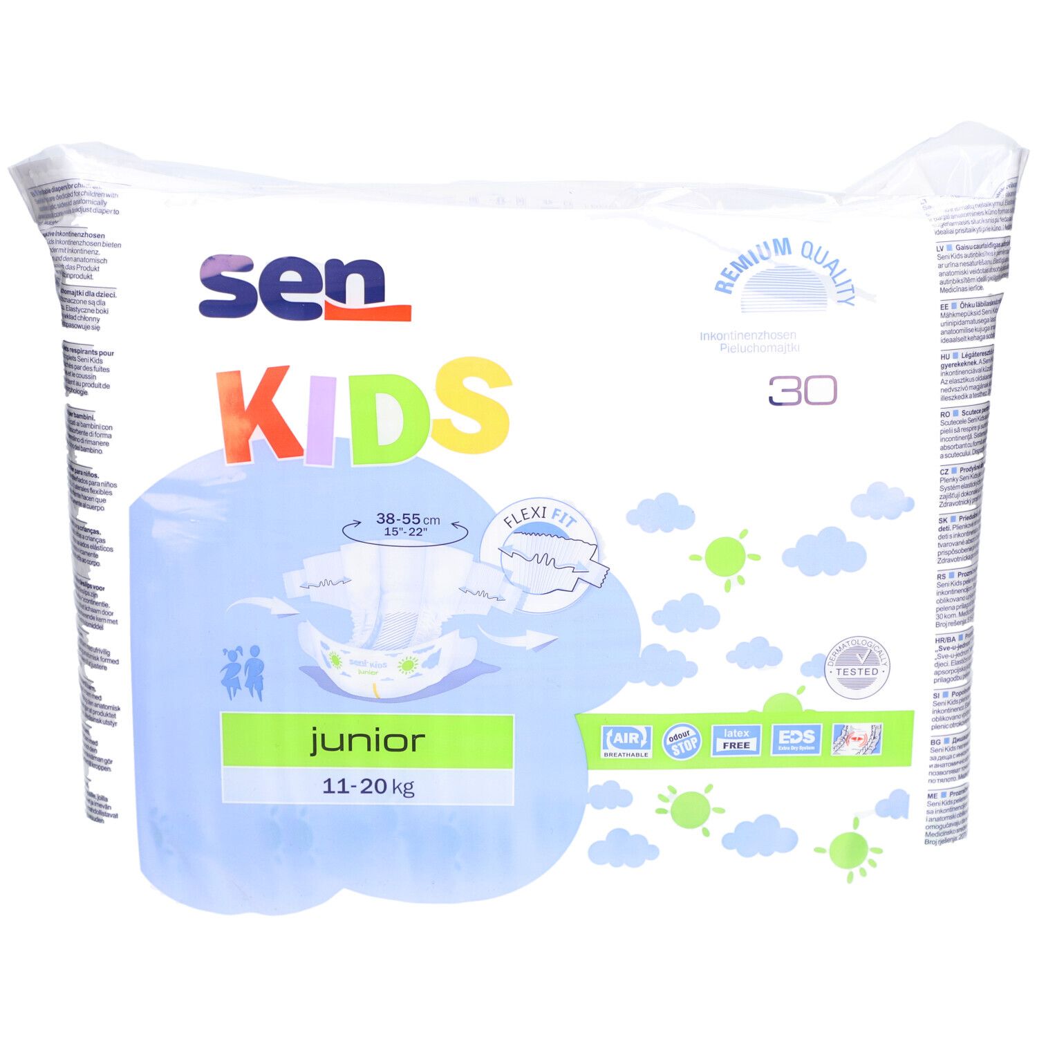 Verpakking SENI Kids Junior luiers, 11-20 kg. 30 stuks. Bedrukking met productafbeelding en maatindicaties.