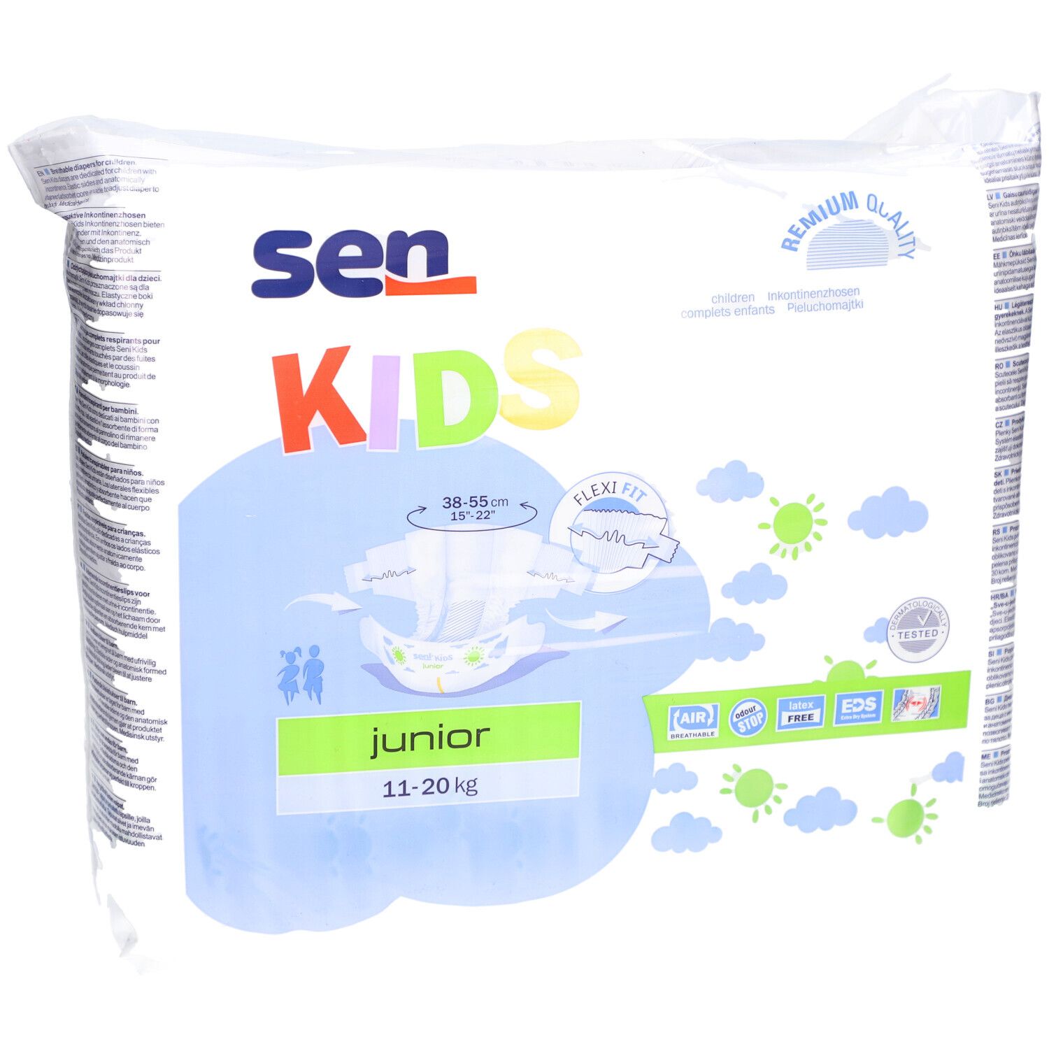 Verpakking SENI Kids Junior luiers, 11-20 kg. 30 stuks. Bedrukking met productafbeelding en maatindicaties.