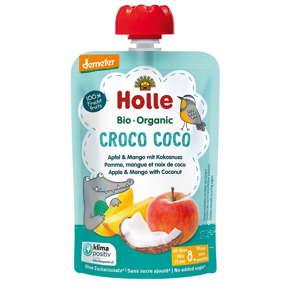Holle Bio Organic CROCO COCO Pomme, mangue et noix de coco Purée de fruits dans une pochette refermable avec bouchon à vis rouge.