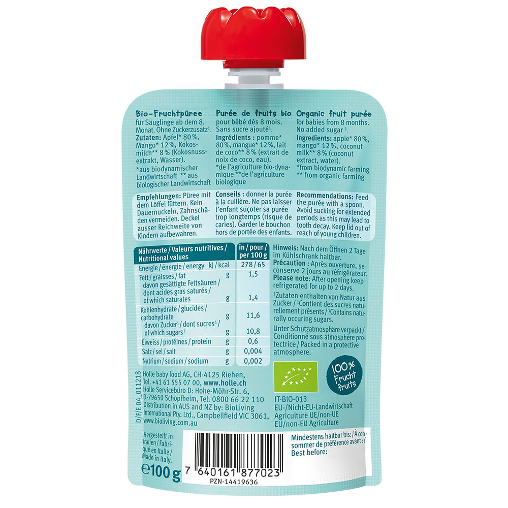 Arrière du sachet de purée de fruits Holle Bio Organic CROCO COCO avec tableau nutritionnel et label bio.
