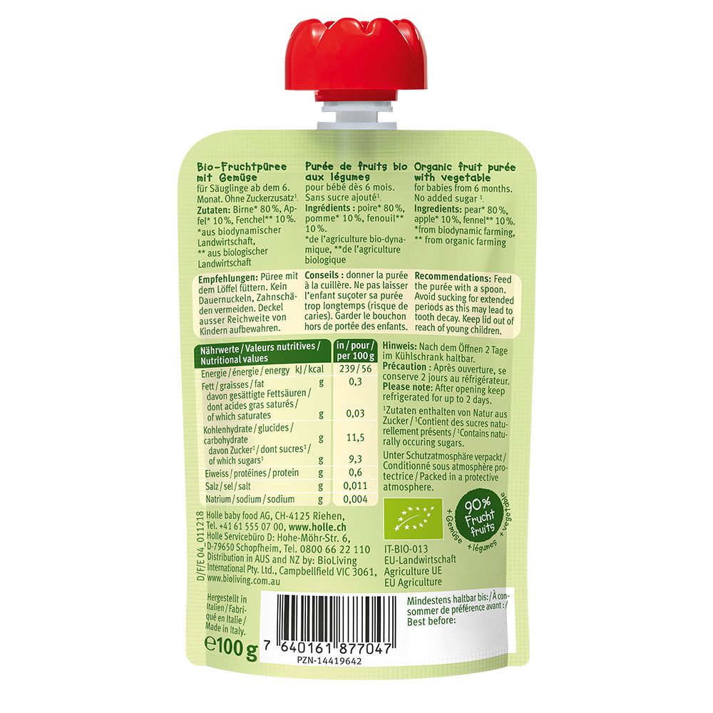 Dos de la pochette Holle Bio-Organic FENNEL FROG avec informations nutritionnelles et ingrédients.