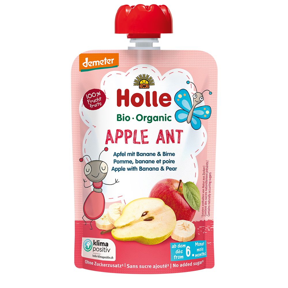 Compote de fruits Holle Bio-Organic, pomme, banane et poire. Dès 6 mois. Label Demeter. 100% fruits. Emballage rose avec illustrations.