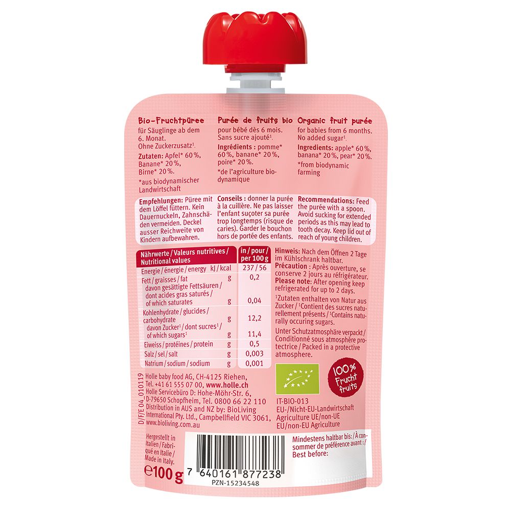 Dos du sachet de compote avec informations nutritionnelles et ingrédients. Holle Bio-Organic. Label Demeter. Texte en allemand, français et anglais.