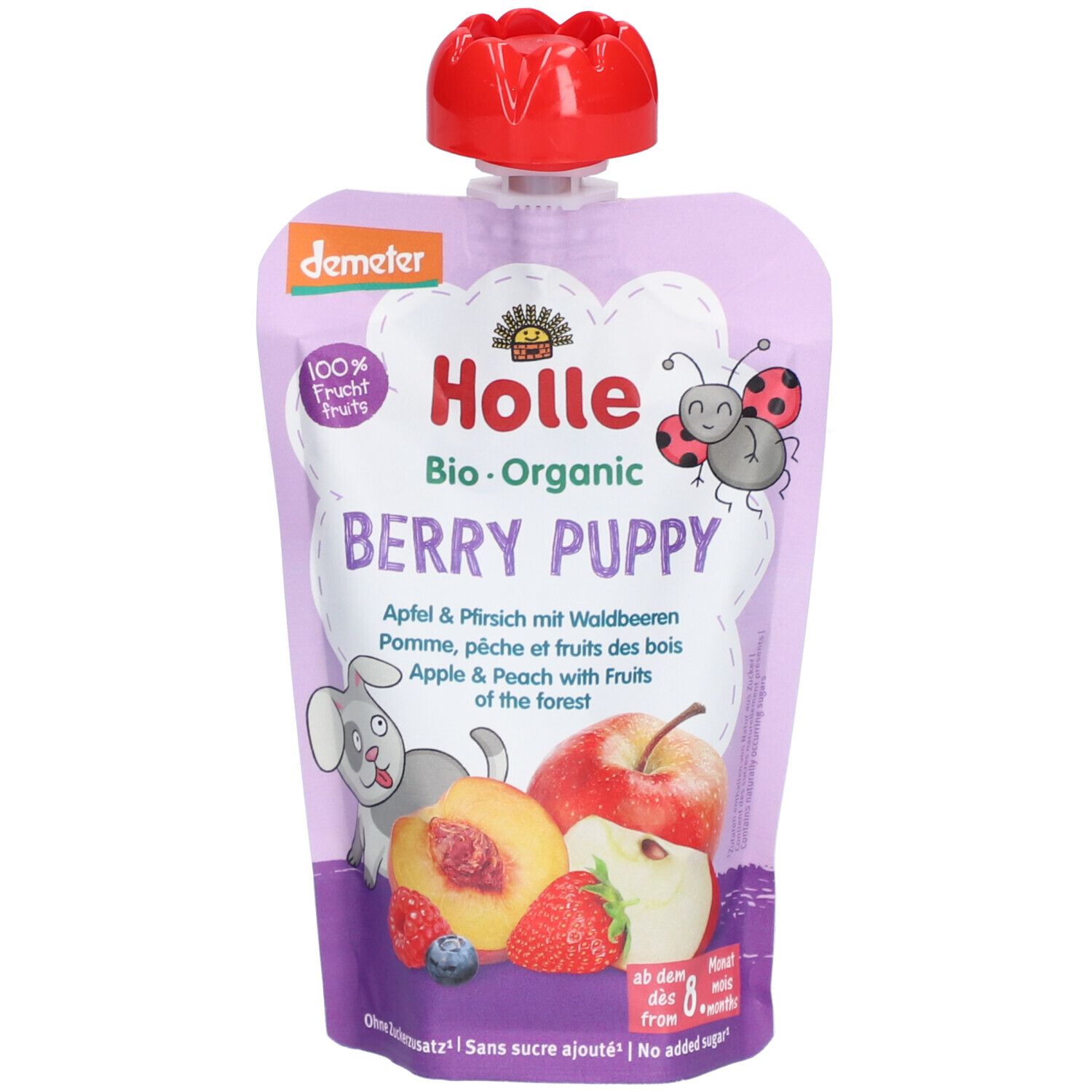 Holle Bio-Organic Berry Puppy Appel & Perzik met bosvruchten, 100% fruit, Demeter-gecertificeerd.