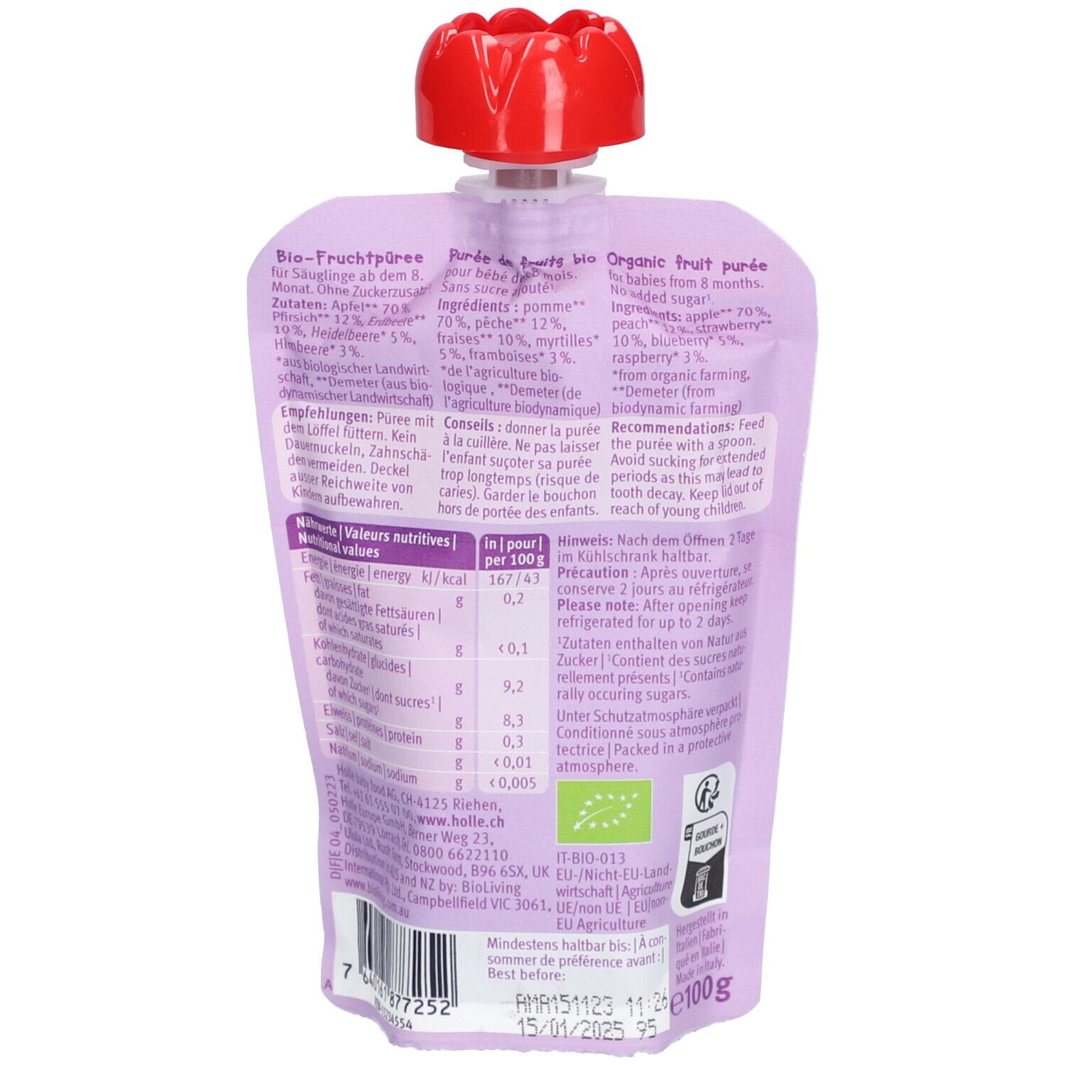Achterkant Holle Bio-Organic Berry Puppy Fruitpuree. Voedingswaarde en biologisch keurmerk zichtbaar.