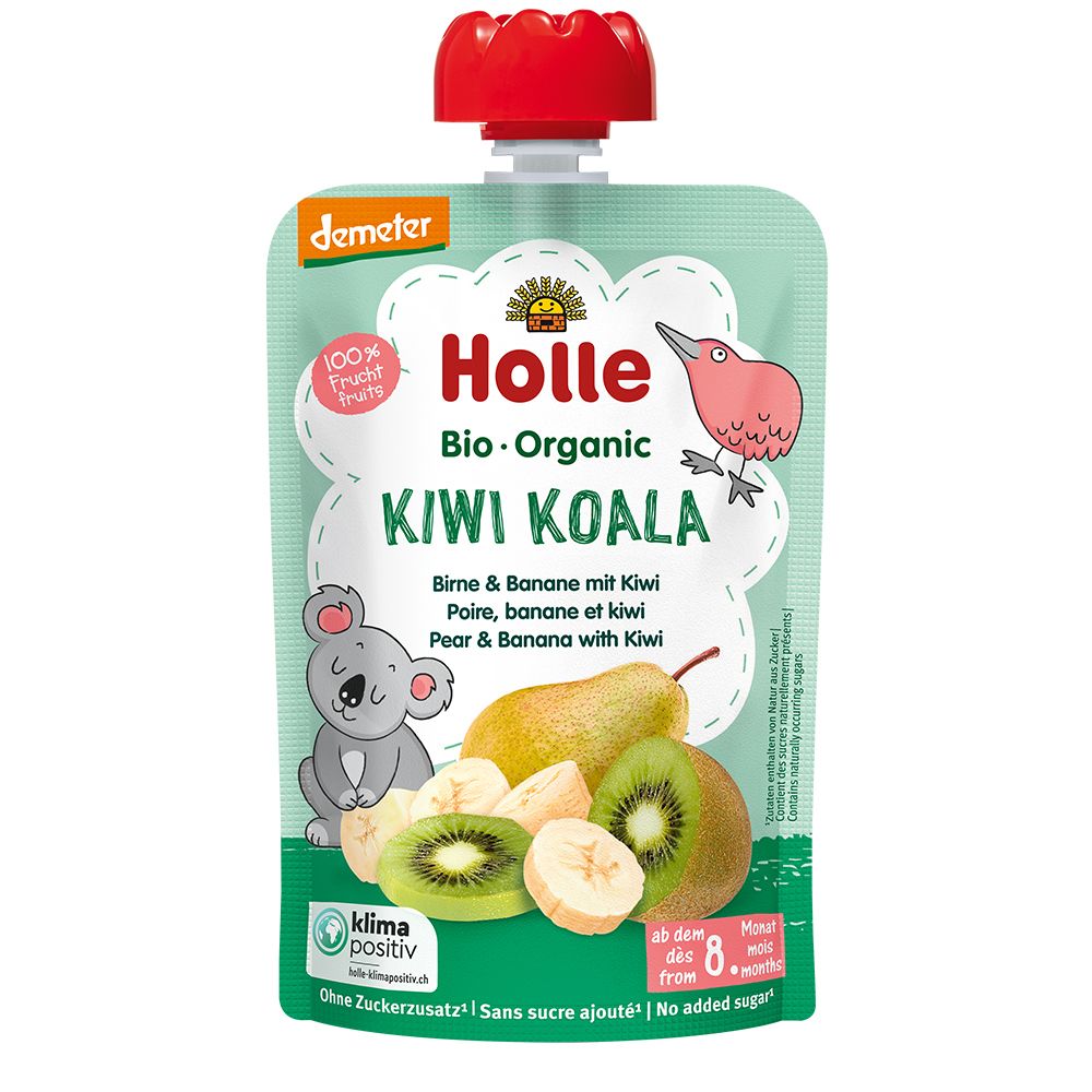 Sachet de purée Holle Bio-Organic Kiwi Koala. Représentation de kiwi, banane et poire. Label Demeter et logo 100% fruits.