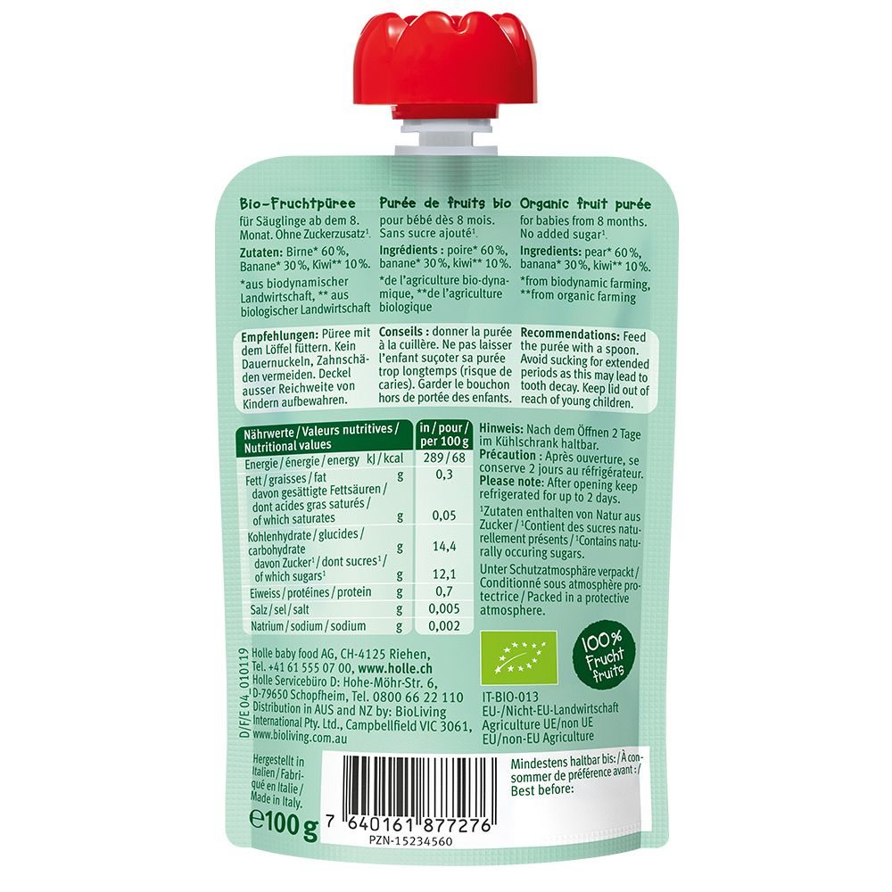 Dos du sachet. Ingrédients, informations nutritionnelles, recommandations et avertissements. Label bio UE et logo 100% fruits.