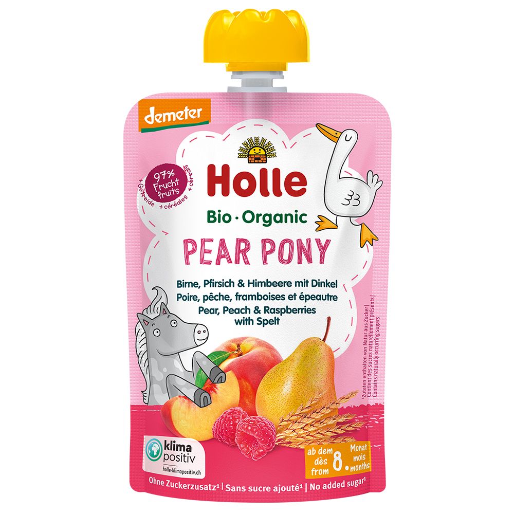 Roze knijpzakje met Holle Bio Organic Pear Pony. Bevat peer, perzik, framboos en spelt. Demeter-keurmerk. Vanaf 8 maanden.