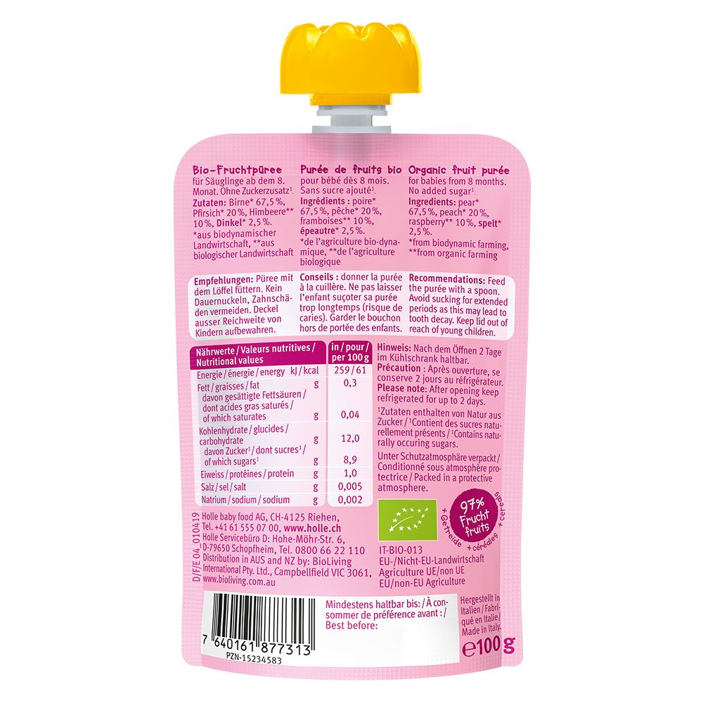 Achterkant van een roze knijpzakje. Bevat voedingswaarde en ingrediëntenlijst. Bio-keurmerk. Inhoud: 100g.