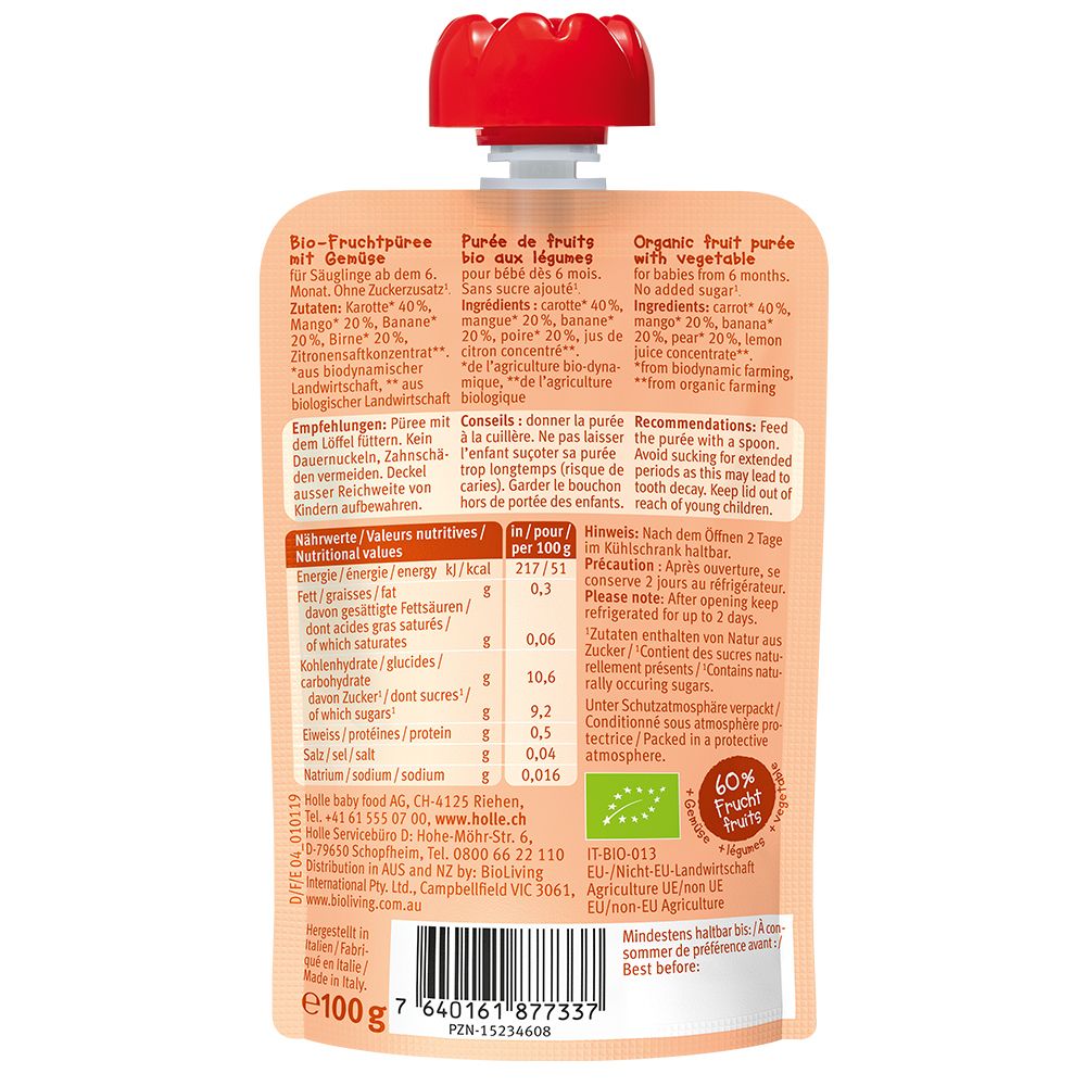 Arrière de la pochette Holle Bio-Organic Carotte Chat avec informations nutritionnelles et ingrédients.