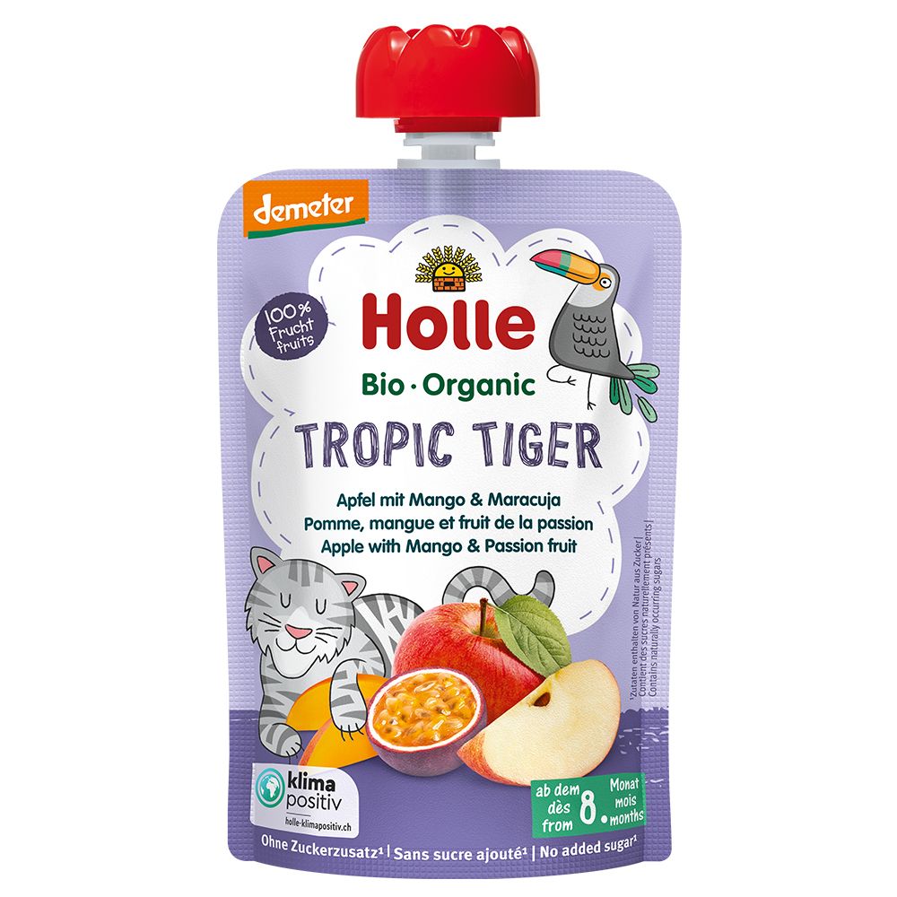 Knijpzakje Holle Bio-Organic Tropic Tiger. Appel, mango, passievrucht. Demeter-keurmerk. 100% fruit. Vanaf 8 maanden.