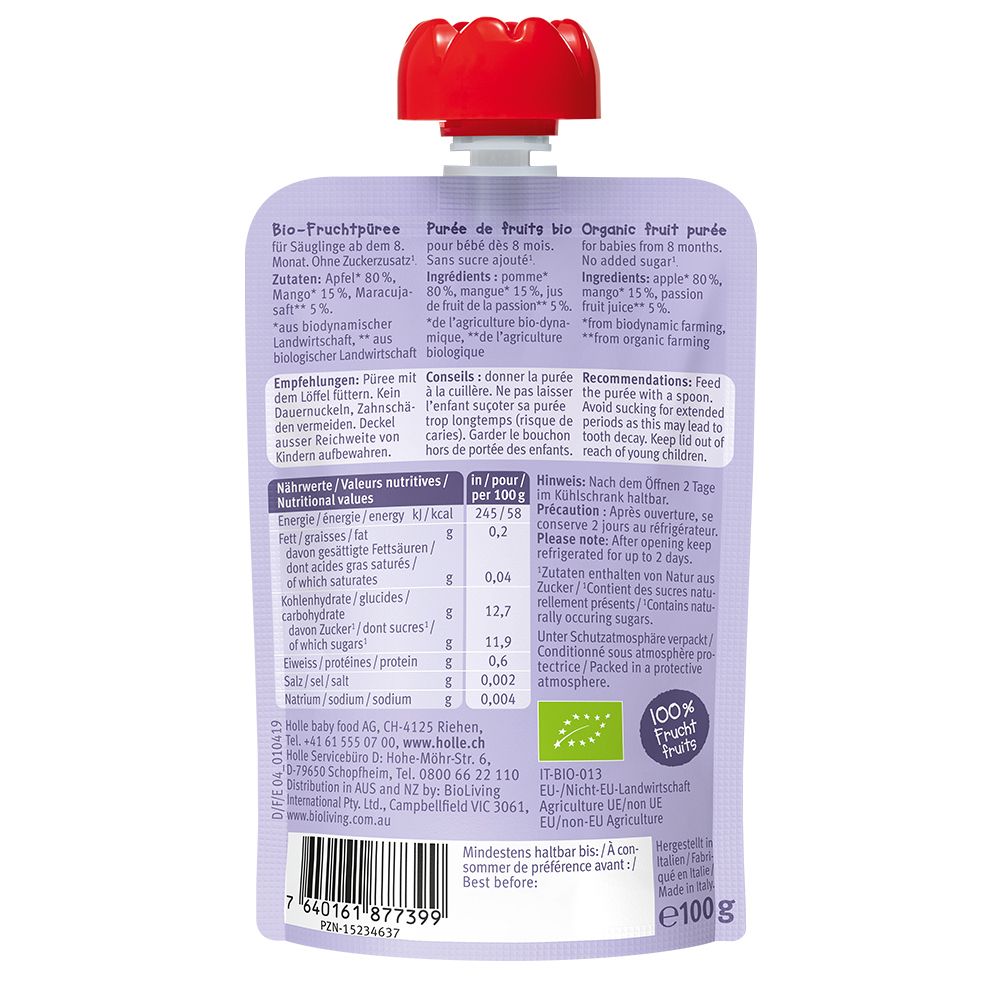Achterkant van de Holle Bio-Organic Tropic Tiger knijpzak. Voedingswaarden, ingrediënten, advies. Demeter-keurmerk. 100g.