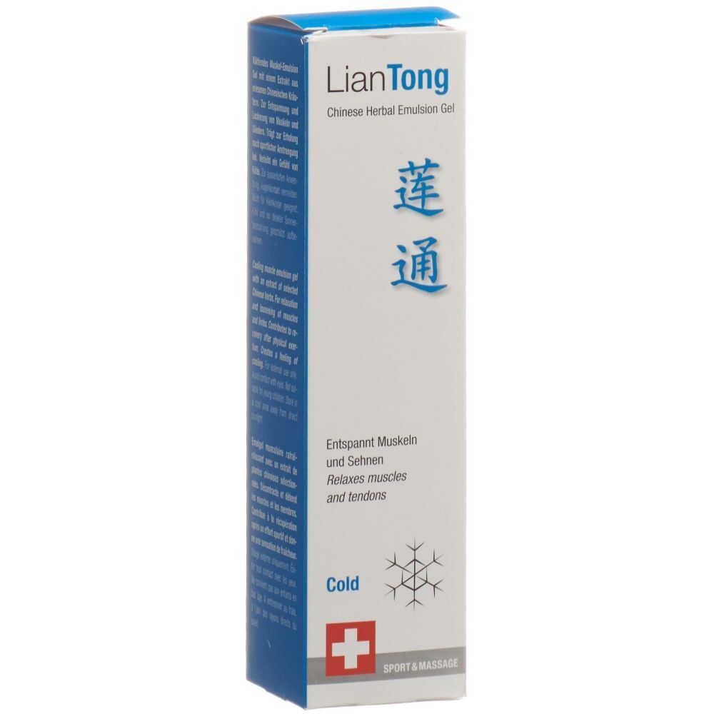 Doos LIANTONG Chinese Herbal Emulsion Gel. Blauw-witte verpakking. Tekst in het Duits en Chinees.