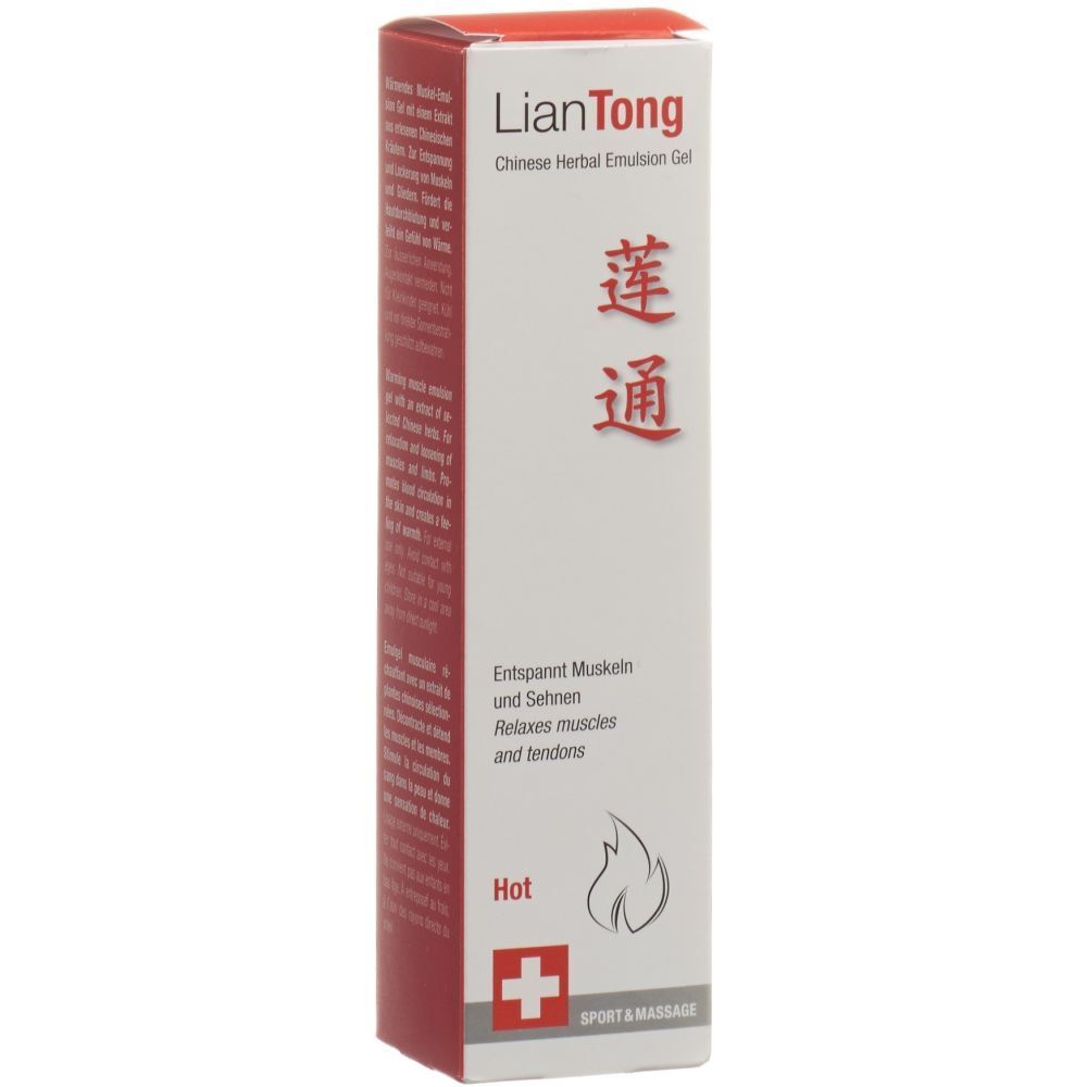 Witte doos met rode en zwarte tekst. Bevat LIANTONG Chinese Herbal Emulsion Gel. Zwitsers kruis.
