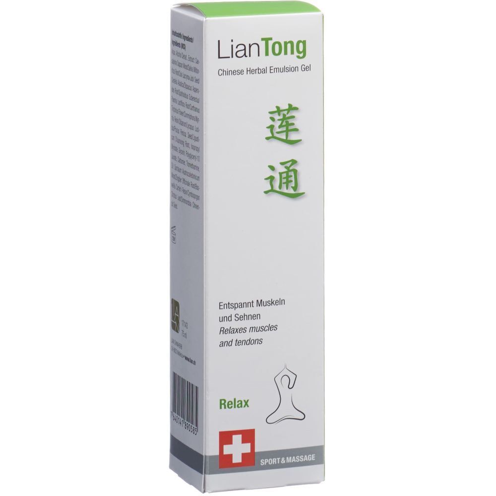 Witte doos met groene deksel. Opschrift: LianTong Chinese Herbal Emulsion Gel. Zwitsers kruis.