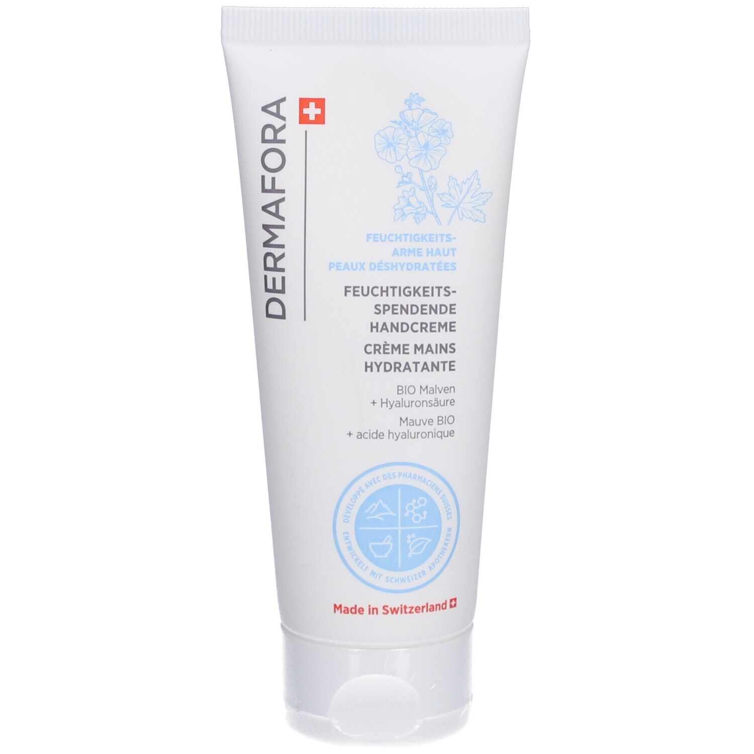 Witte tube met productnaam en bloemenillustratie. Tekst: Feuchtigkeitsspendende Handcreme, Bio Malve + Hyaluronsäure.