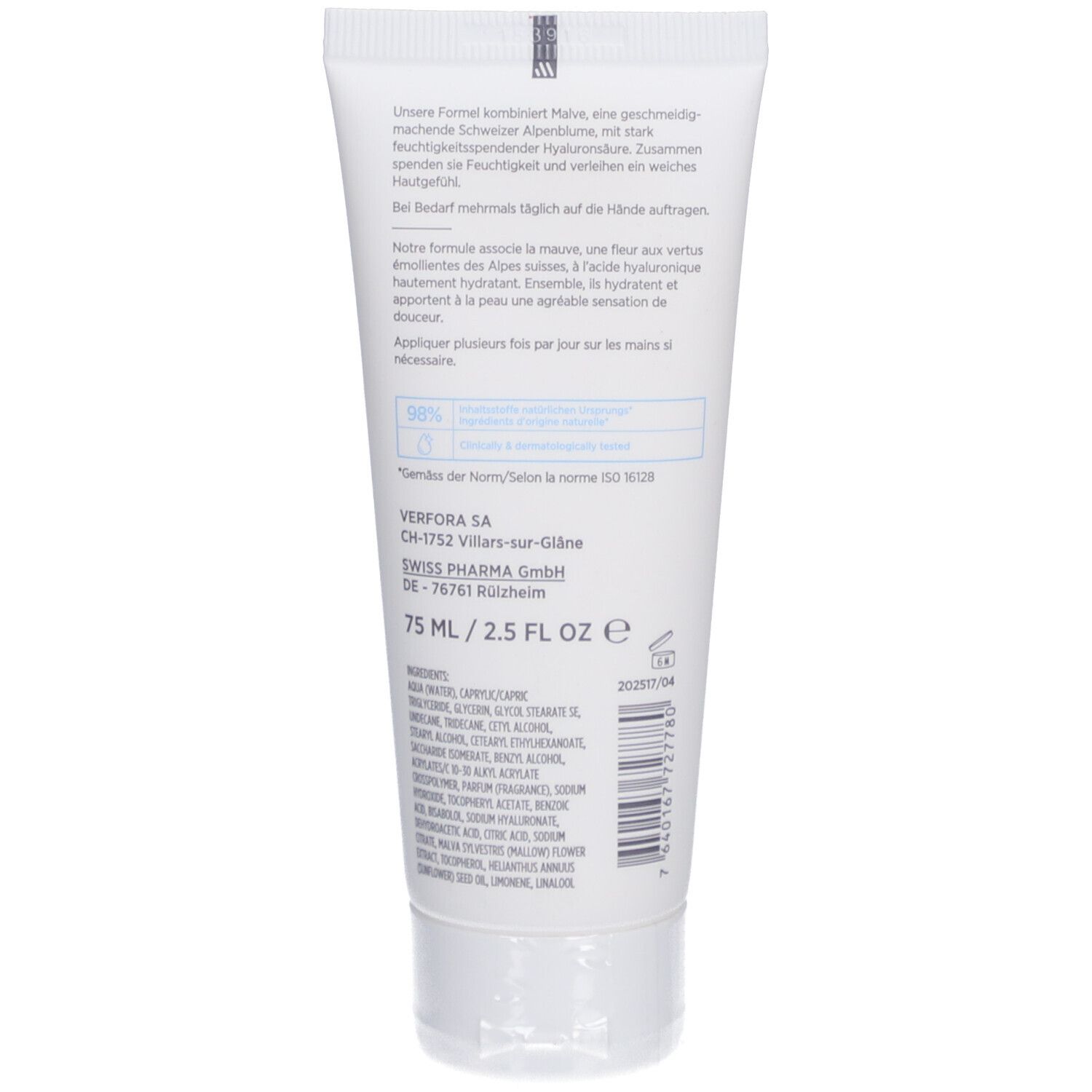 Achterkant van de tube. Tekst: 75 ml / 2.5 FL OZ, ingrediënten, fabrikantinfo, Zwitsers kwaliteitslabel.