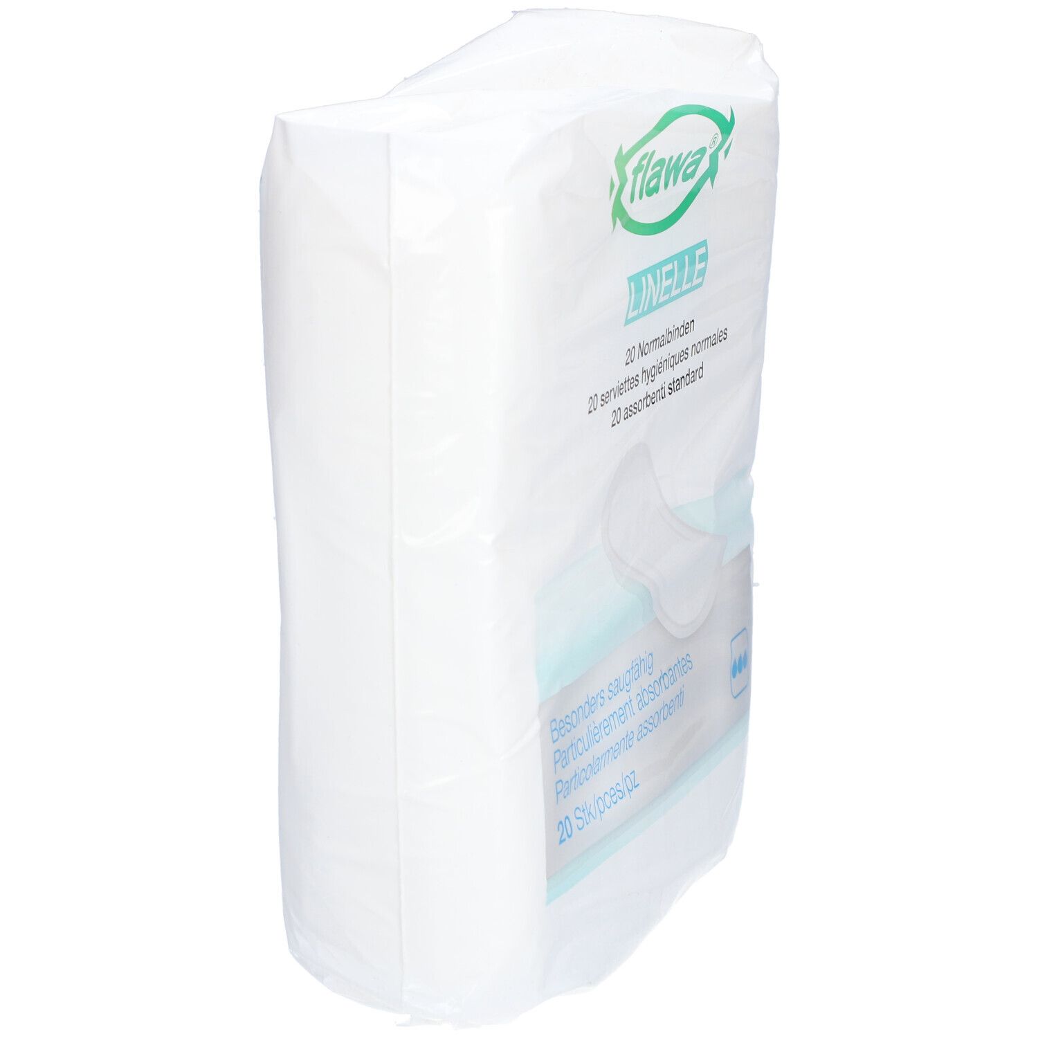 Zijaanzicht van de verpakking van Flawa Linelle Normale maandverband. Logo en productnaam zichtbaar.