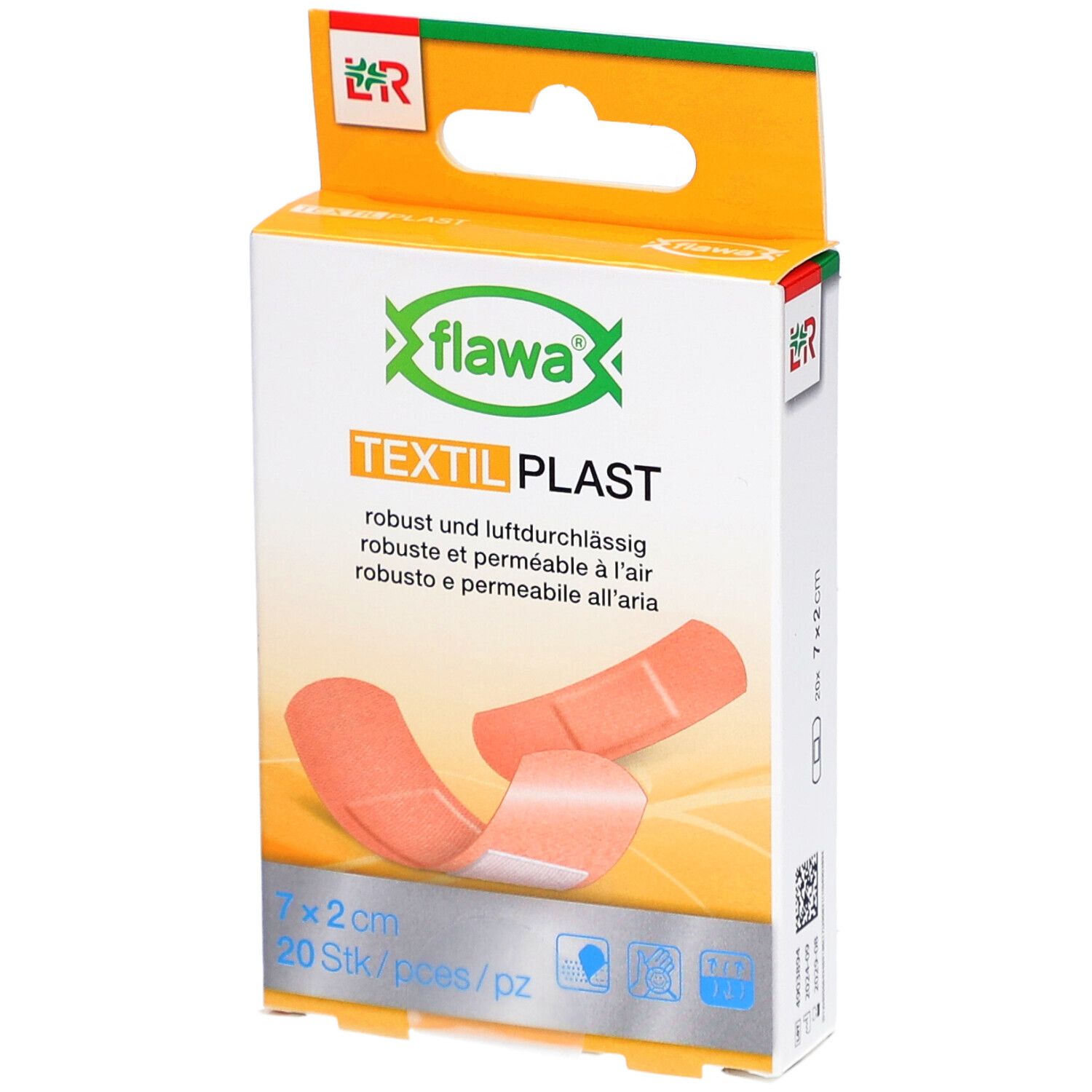 Verpakking FLAWA Textil Plast pleisters. 20 stuks, 7x2 cm. Oranje pleisters afgebeeld.