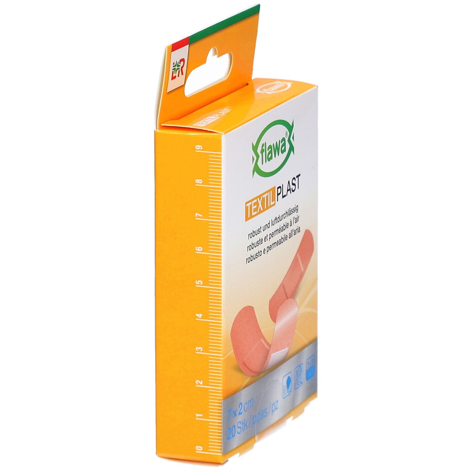 Zijkant verpakking FLAWA Textil Plast. Oranje pleisters, afmetingen. Ophanghaak.