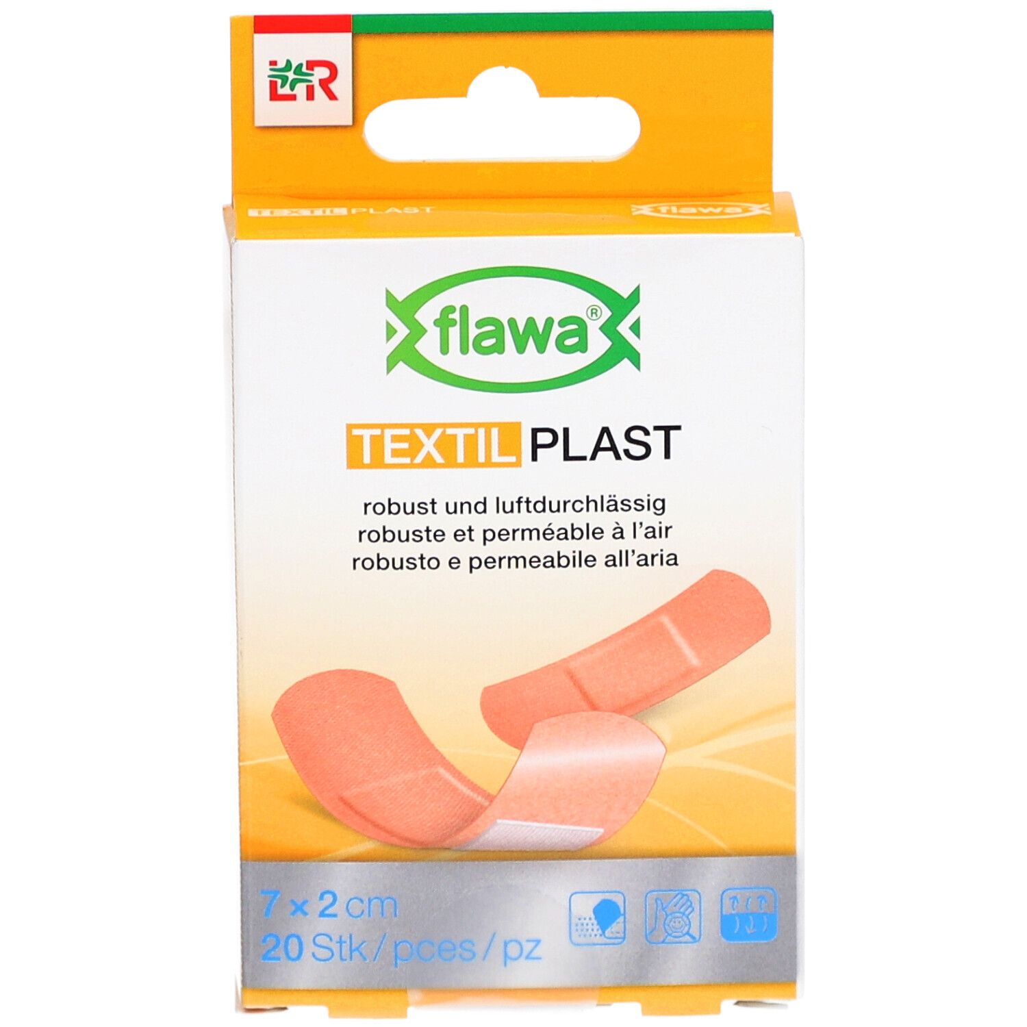 Verpakking FLAWA Textil Plast. 20 pleisters, 7x2 cm. Oranje pleisters afgebeeld.