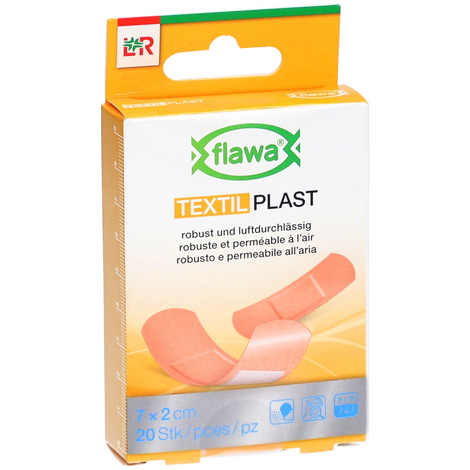 Verpakking FLAWA Textil Plast. 20 pleisters, 7x2 cm. Oranje pleisters afgebeeld.