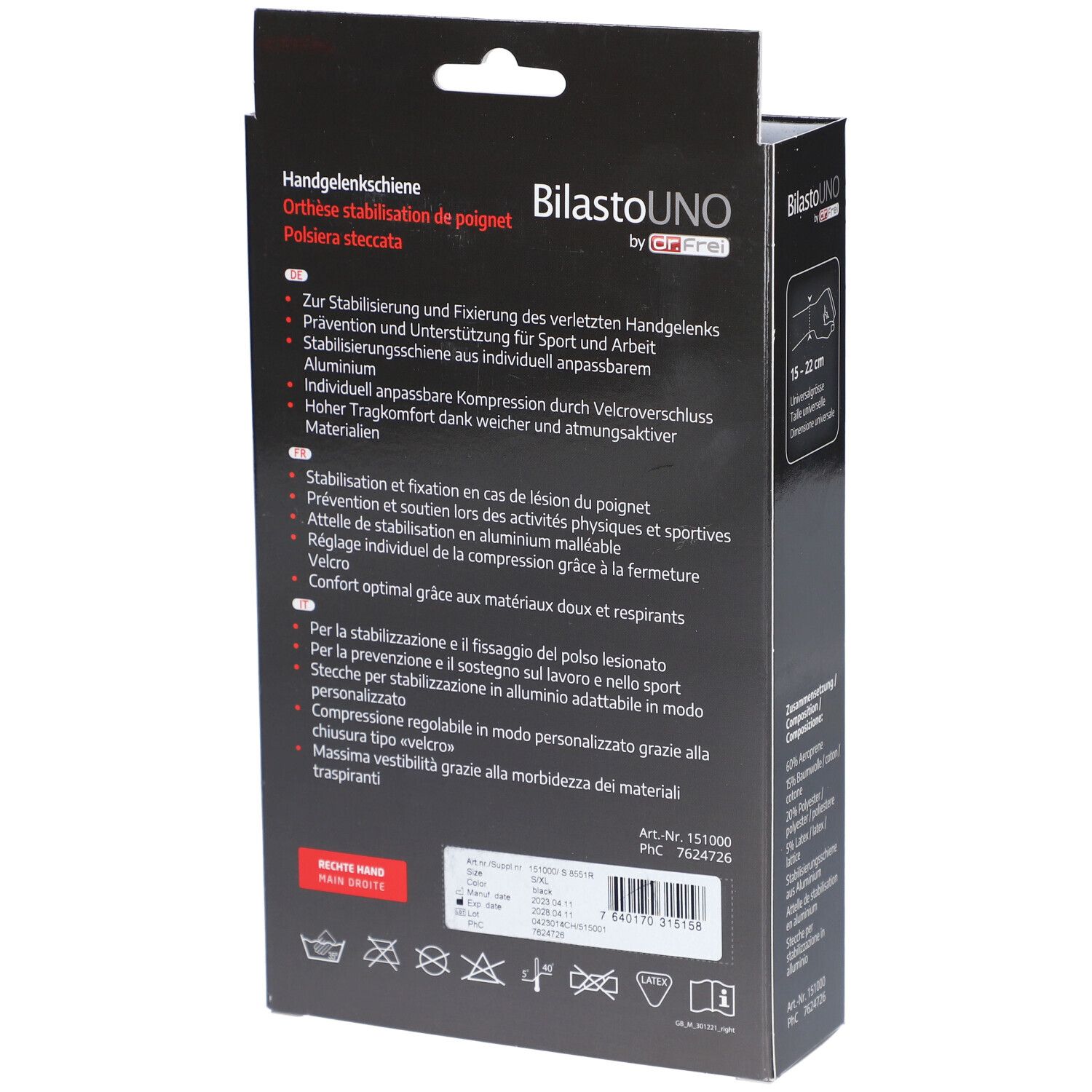 Dos de la boîte noire. Texte: Attelle de poignet, stabilisation, aluminium, Velcro, réf., CIP. Symboles de lavage.