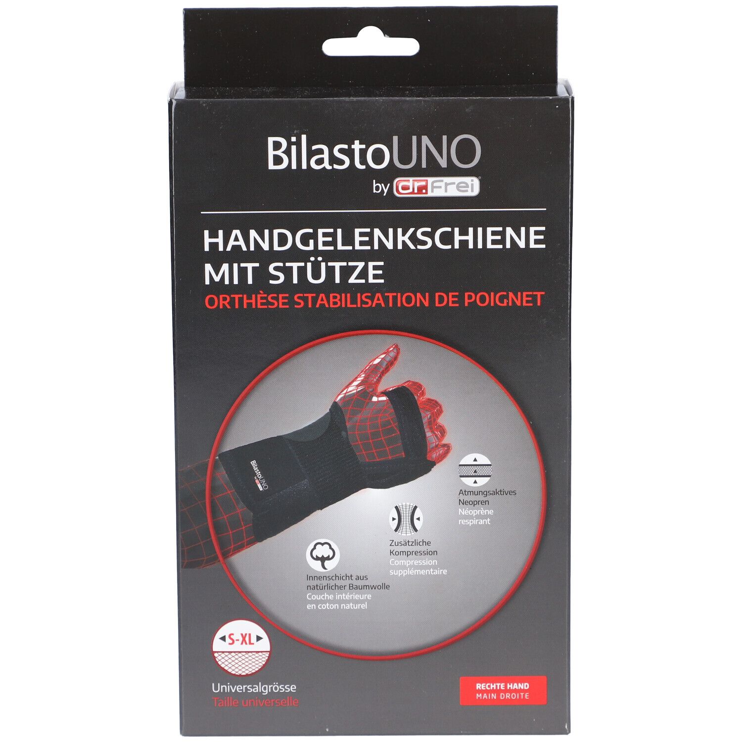 Boîte noire avec attelle de poignet. Texte: BilastoUNO, attelle de poignet avec support, S-XL, taille universelle, main droite.