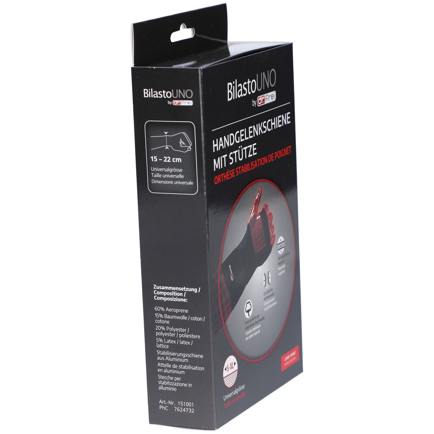 Vue latérale de l'emballage. Texte: BilastoUNO, attelle de poignet, composition, 15-22 cm, taille universelle. Réf. 151001.