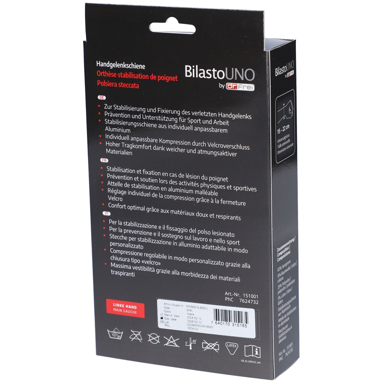 Dos de l'emballage. Texte: Attelle de poignet, pour la stabilisation, pour le sport et le travail, aluminium, main gauche. Pictogrammes.