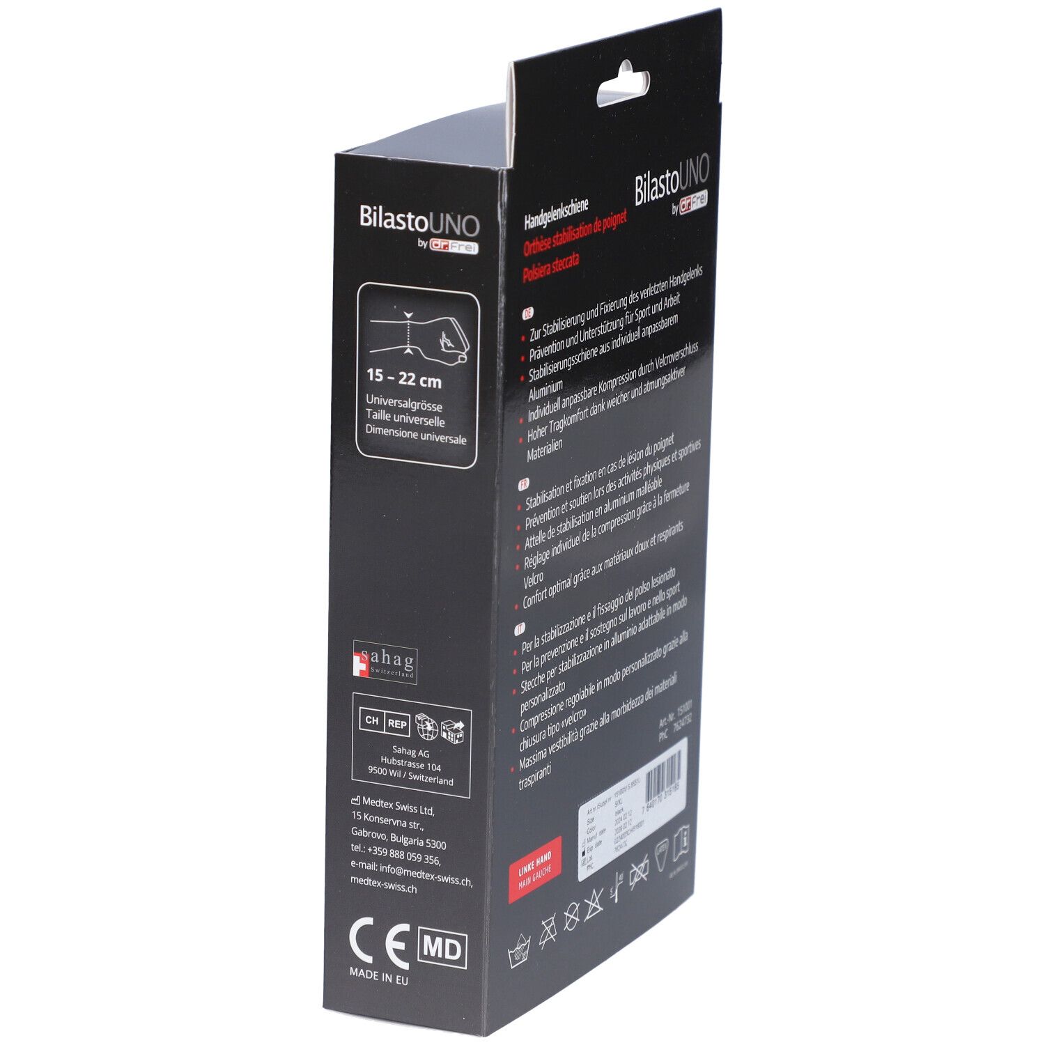 Vue latérale de l'emballage. Texte: BilastoUNO, attelle de poignet, 15-22 cm, taille universelle, marquage CE, marquage MD.