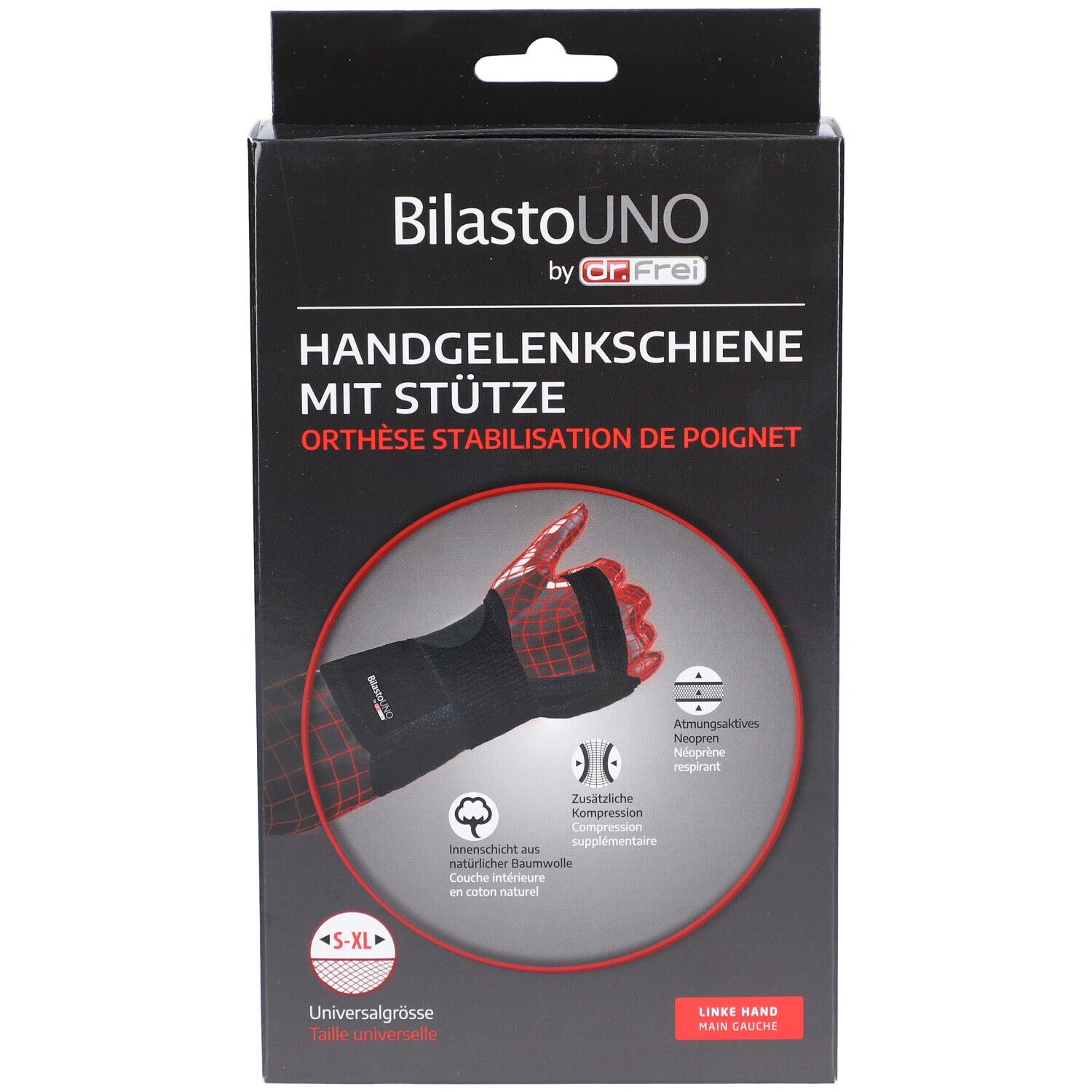 Boîte noire avec image d'une attelle de poignet. Texte: BilastoUNO, attelle, S-XL, main gauche. Coton.