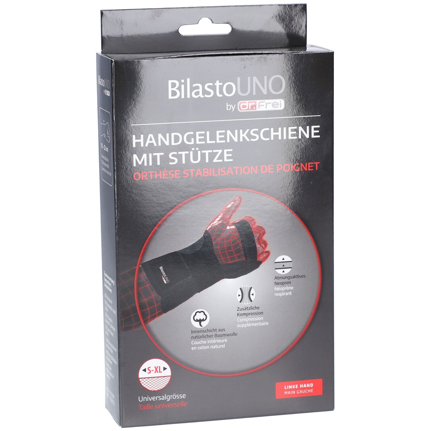 Boîte noire avec image d'une attelle de poignet. Texte: BilastoUNO, attelle, S-XL, main gauche. Coton.