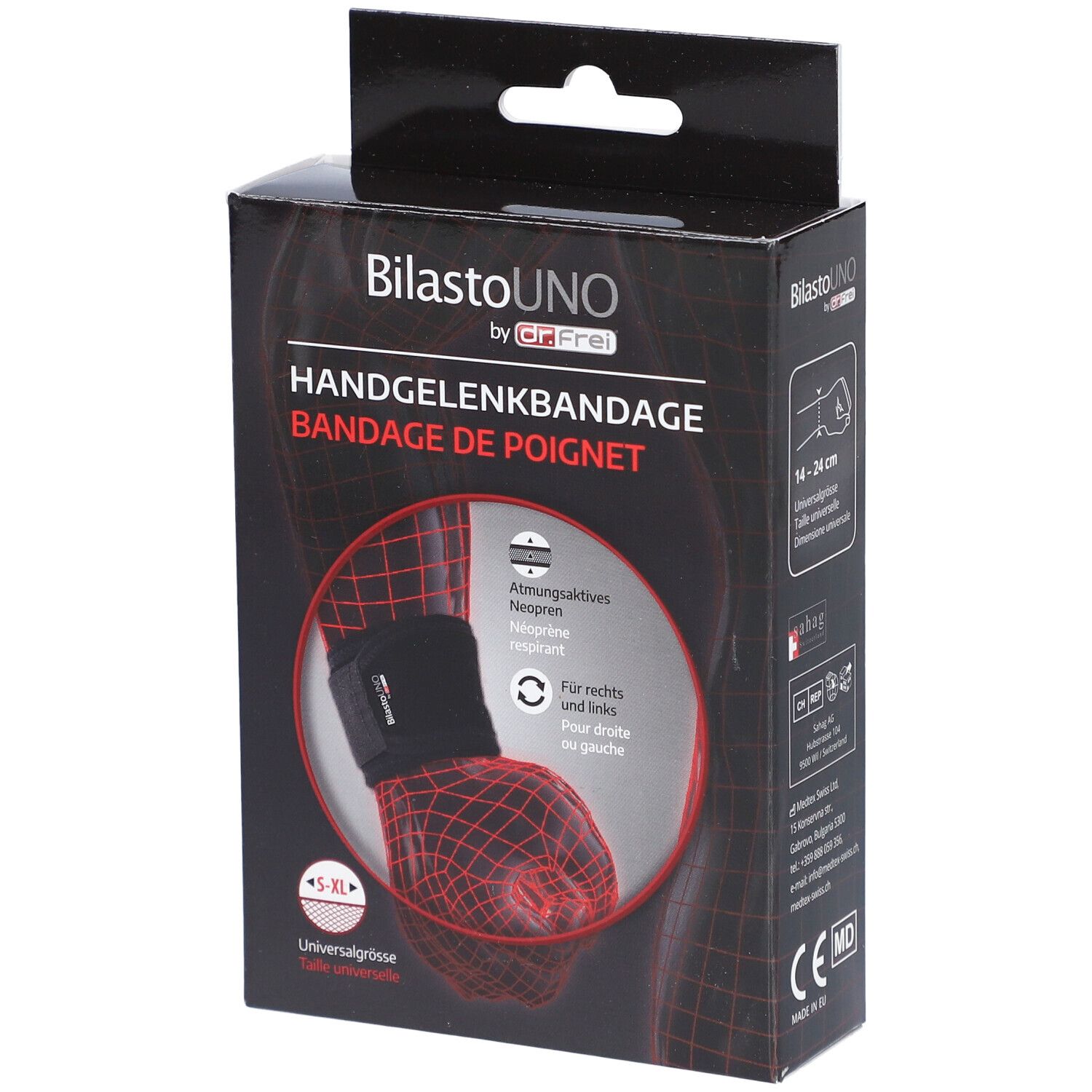 Zwarte doos met polsbrace. Productnaam, illustratie en maatindicatie. S-XL.