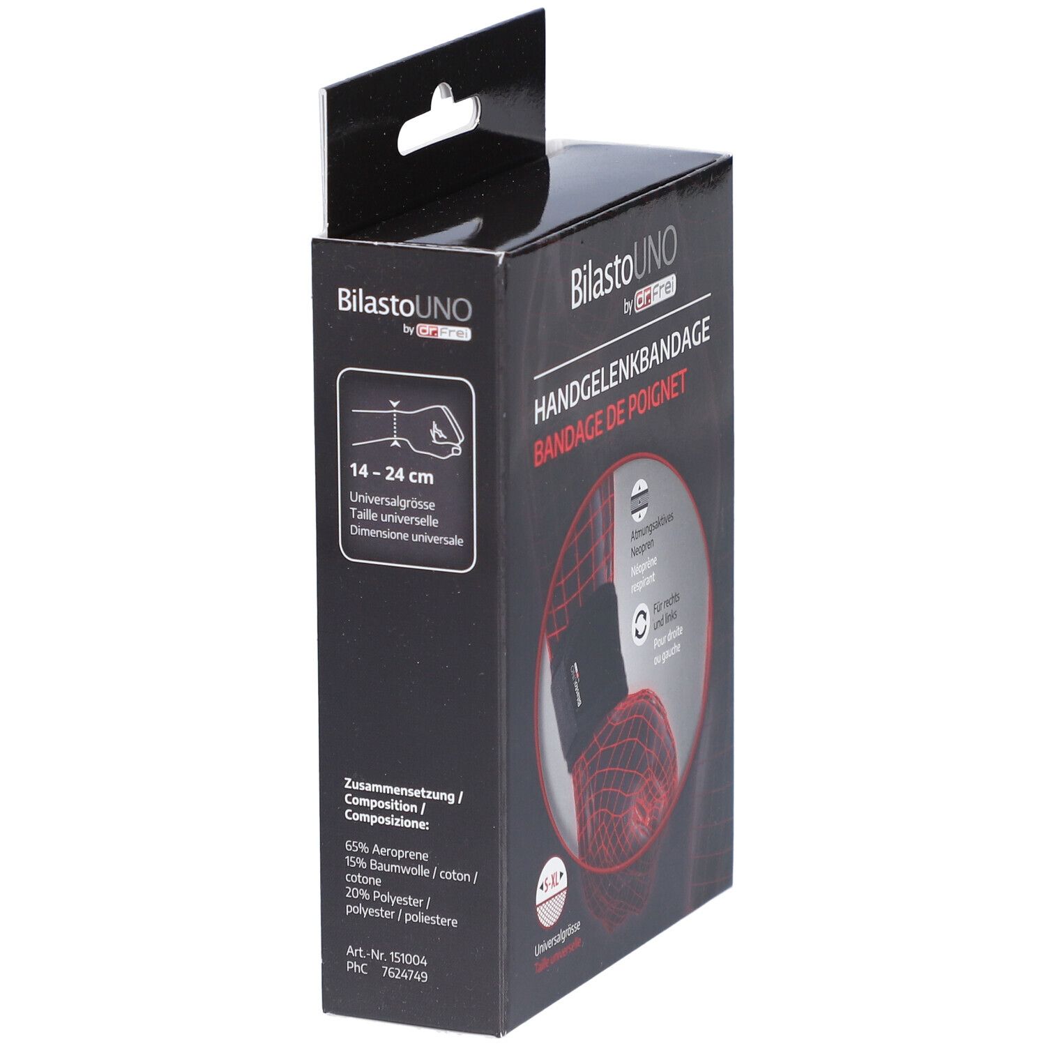 Zwarte verpakking polsbrace. Productnaam, maat en materiaalsamenstelling.