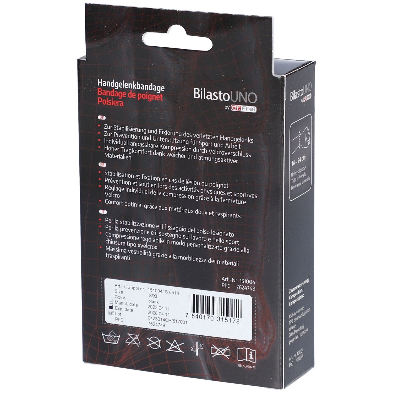 Achterkant verpakking. Tekst over polsbrace, ingrediënten en fabrikantinfo.