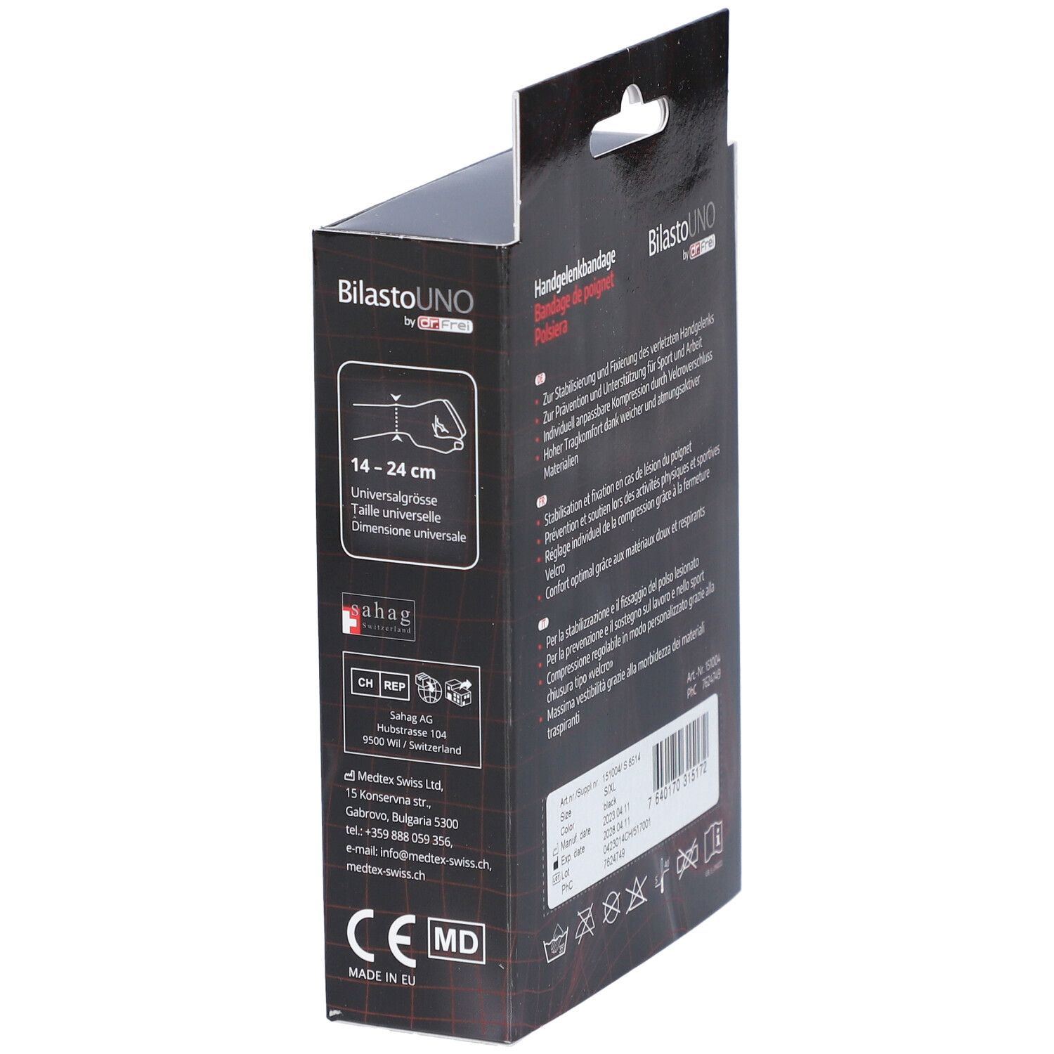 Verpakking polsbrace. Productnaam, maat en fabrikantinfo.