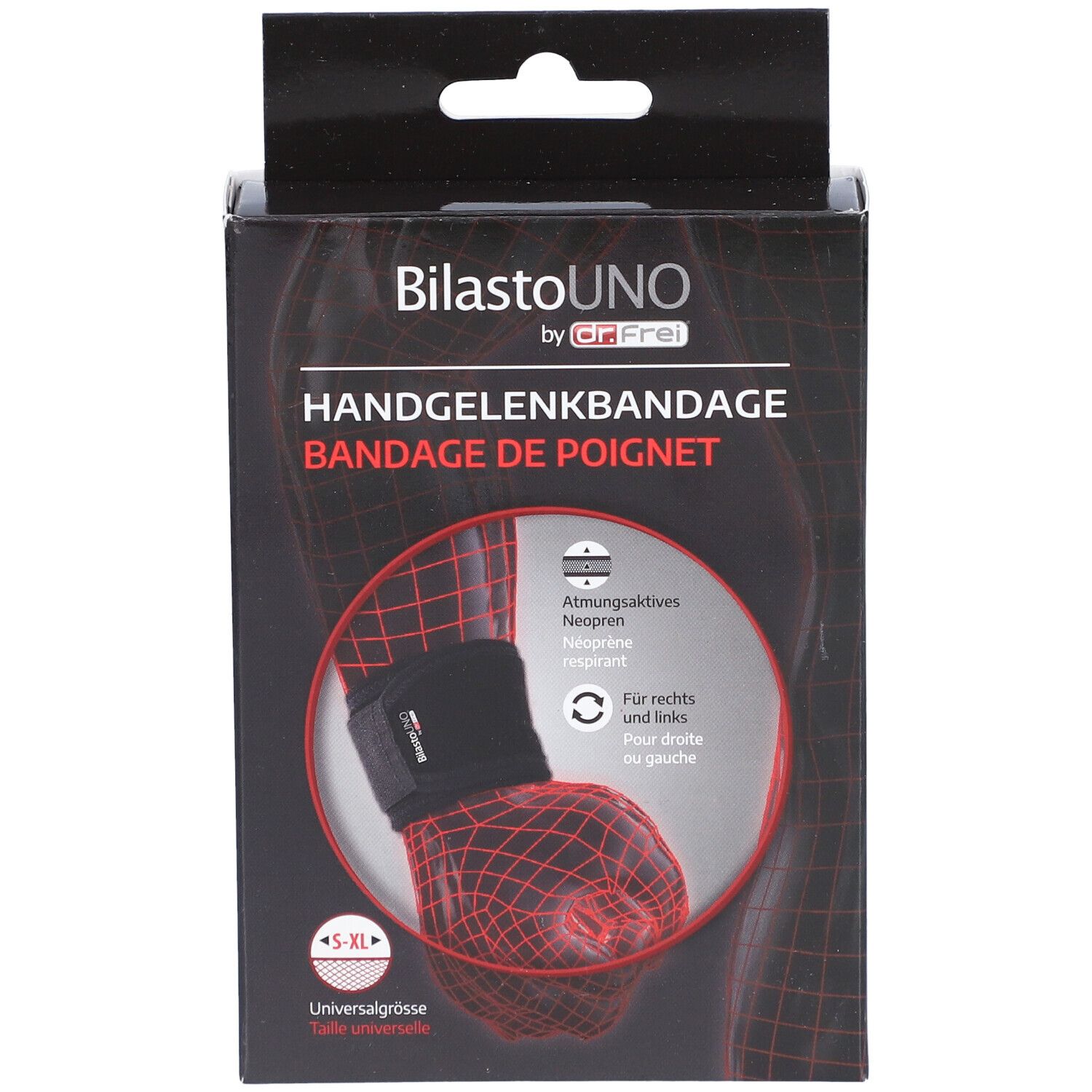 Verpakking polsbrace. Productnaam, illustratie en maatindicatie S-XL.