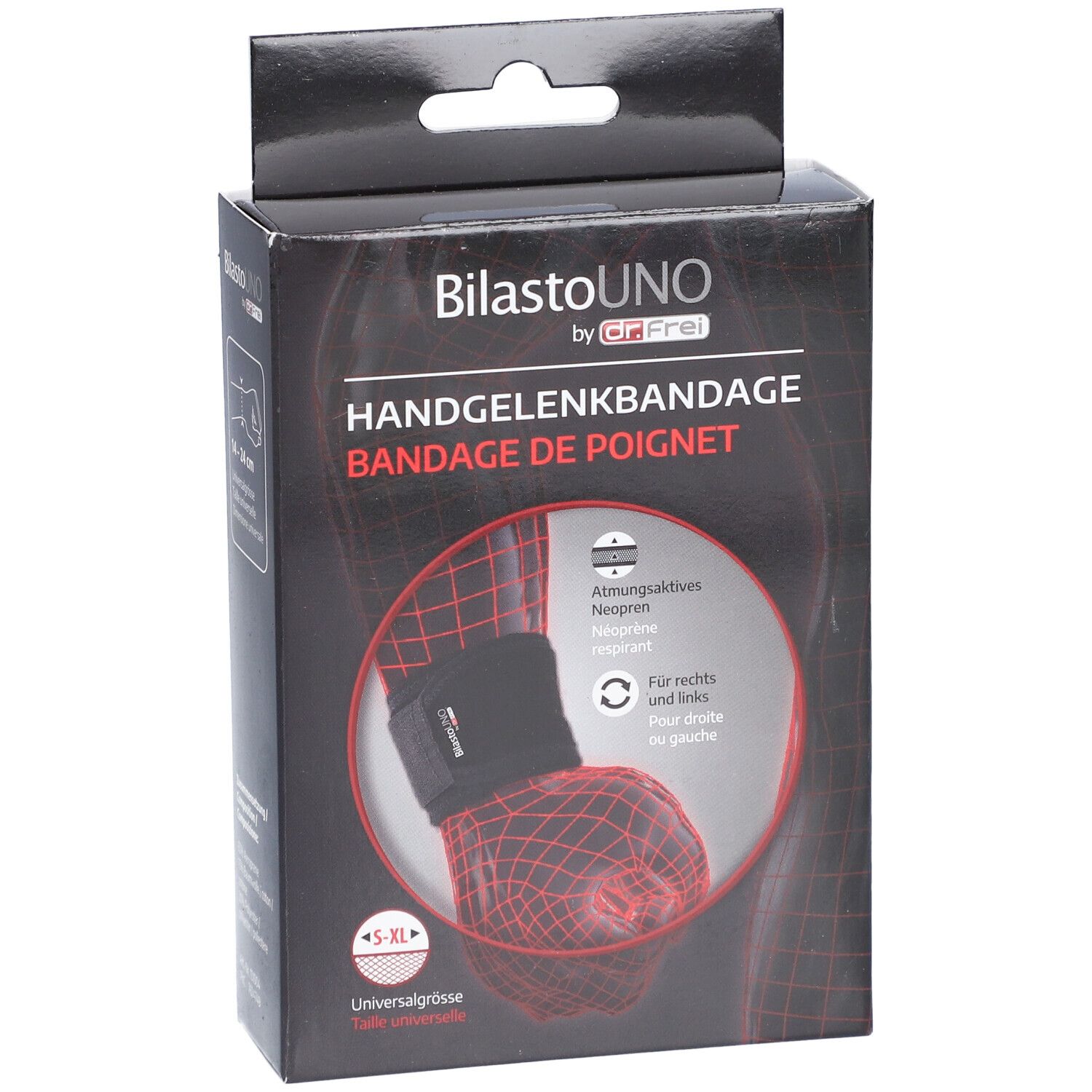 Verpakking polsbrace. Productnaam, illustratie en maatindicatie S-XL.